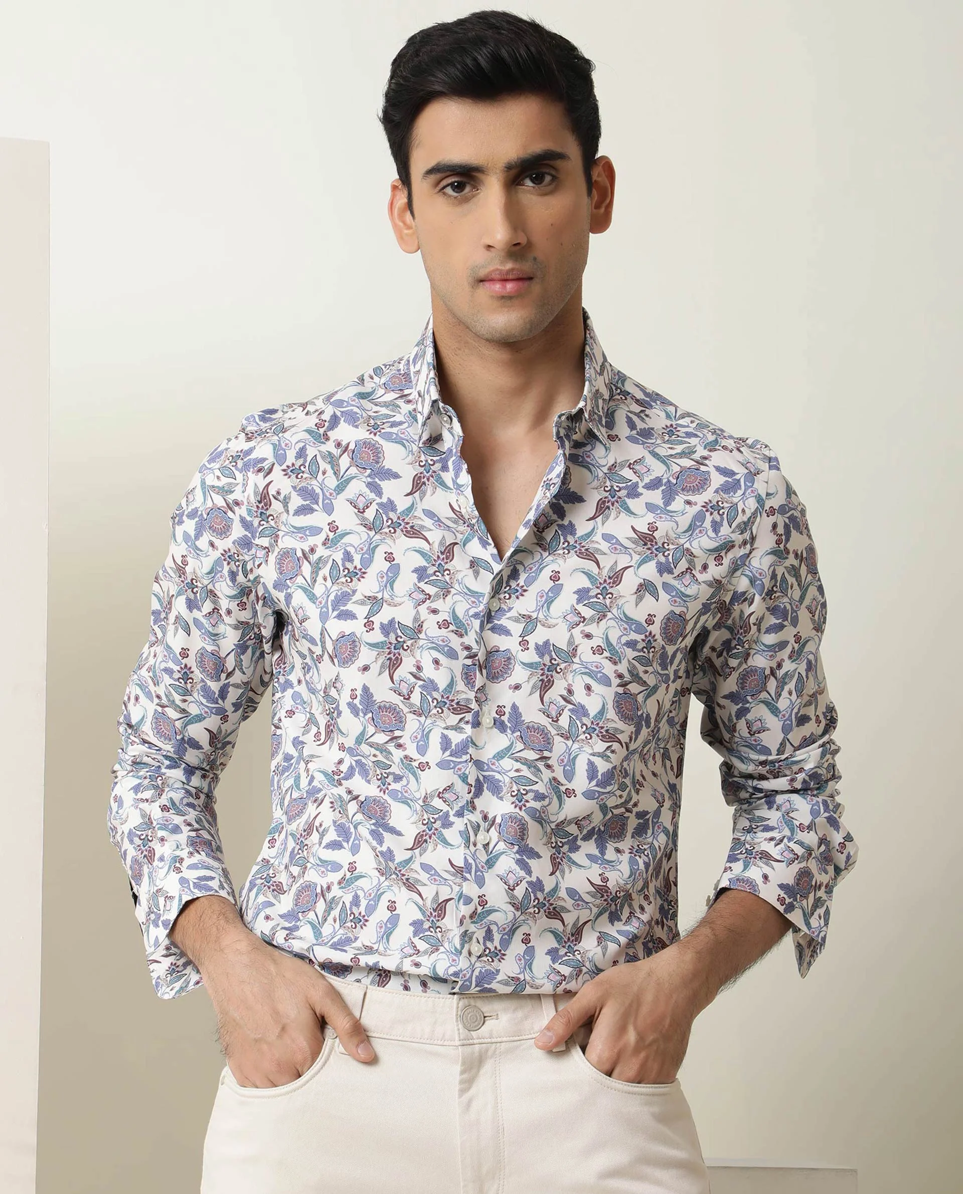 Rare Rabbit Men's Lambos White Cotton Printed Regular Fit Full Sleeve Collared Shirt