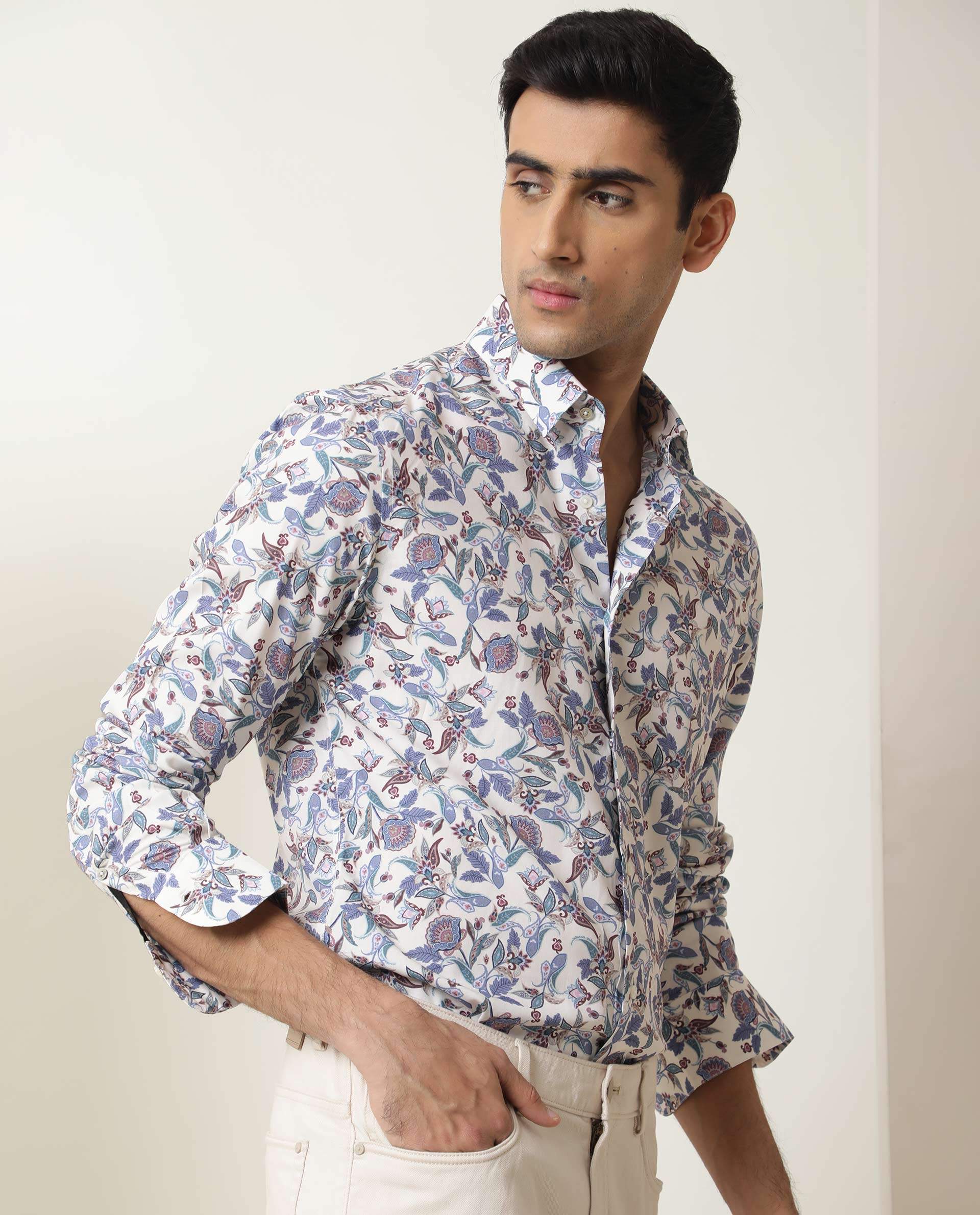 Rare Rabbit Men's Lambos White Cotton Printed Regular Fit Full Sleeve Collared Shirt - Image 6