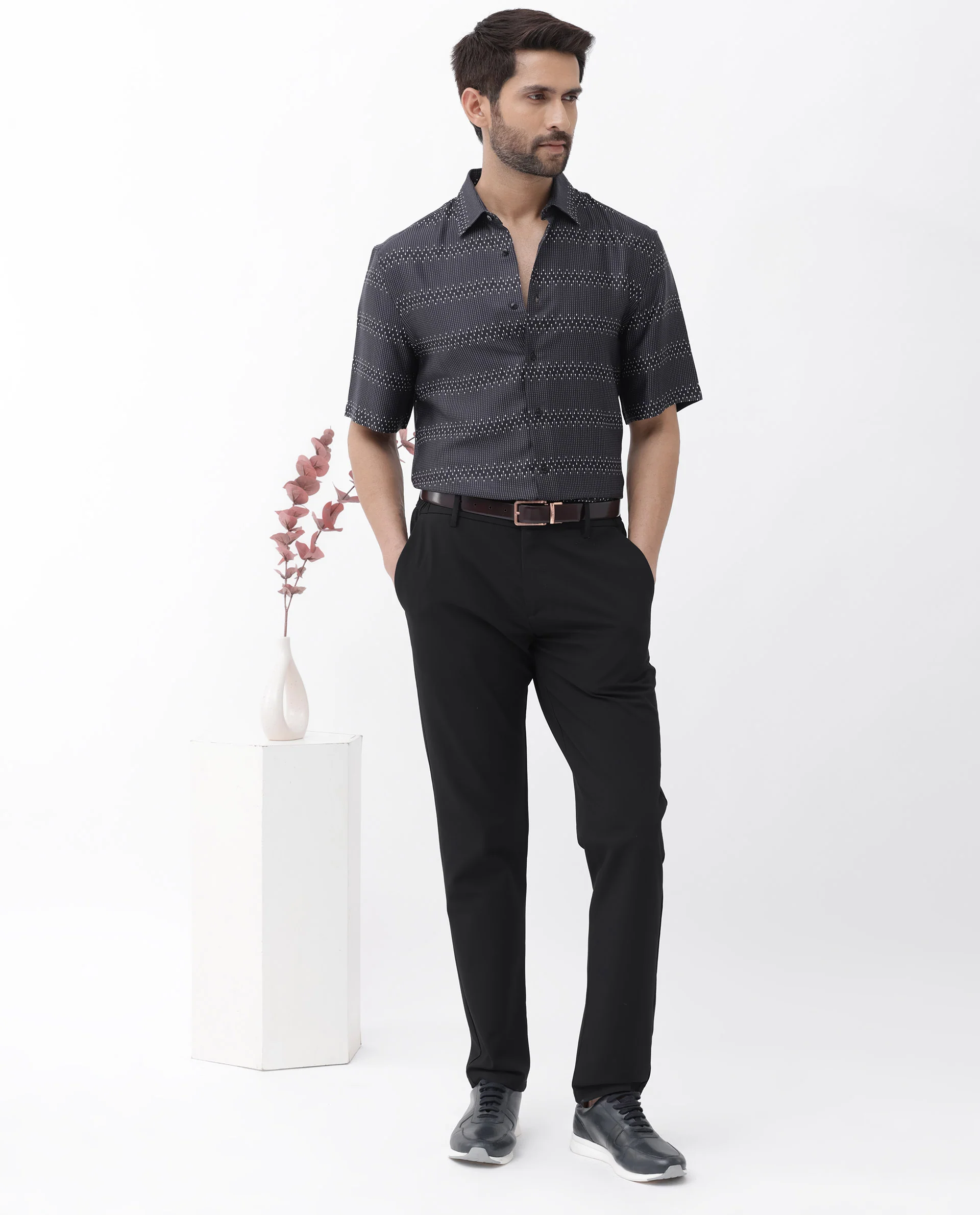 Rare Rabbit Men's Lamo Black Viscose Geometric Print Boxy Fit Half Sleeve Collared Shirt - Image 2