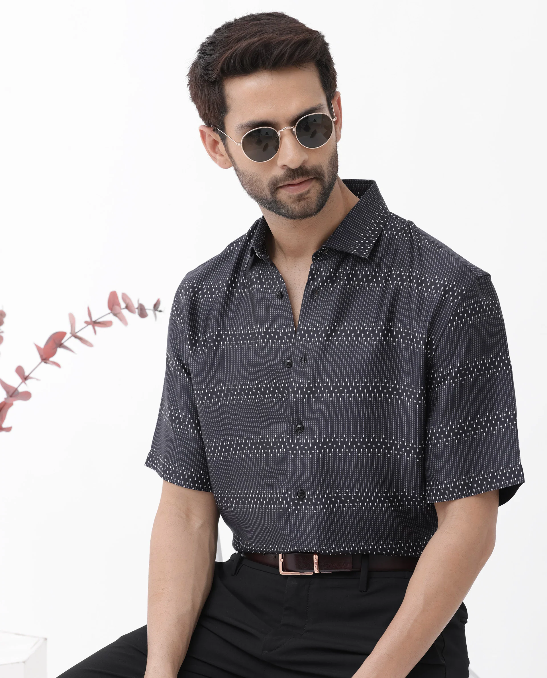 Rare Rabbit Men's Lamo Black Viscose Geometric Print Boxy Fit Half Sleeve Collared Shirt - Image 3