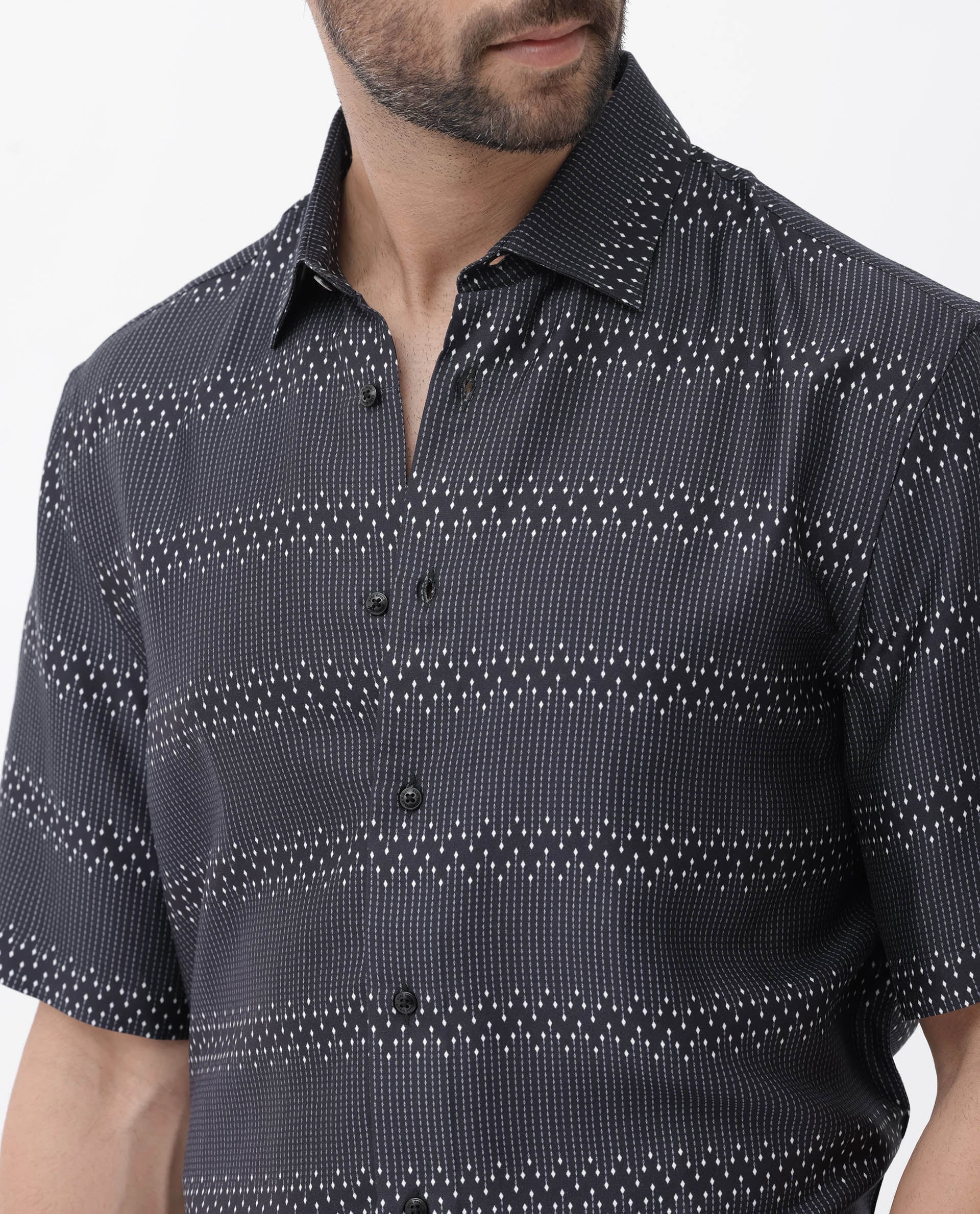 Rare Rabbit Men's Lamo Black Viscose Geometric Print Boxy Fit Half Sleeve Collared Shirt - Image 4