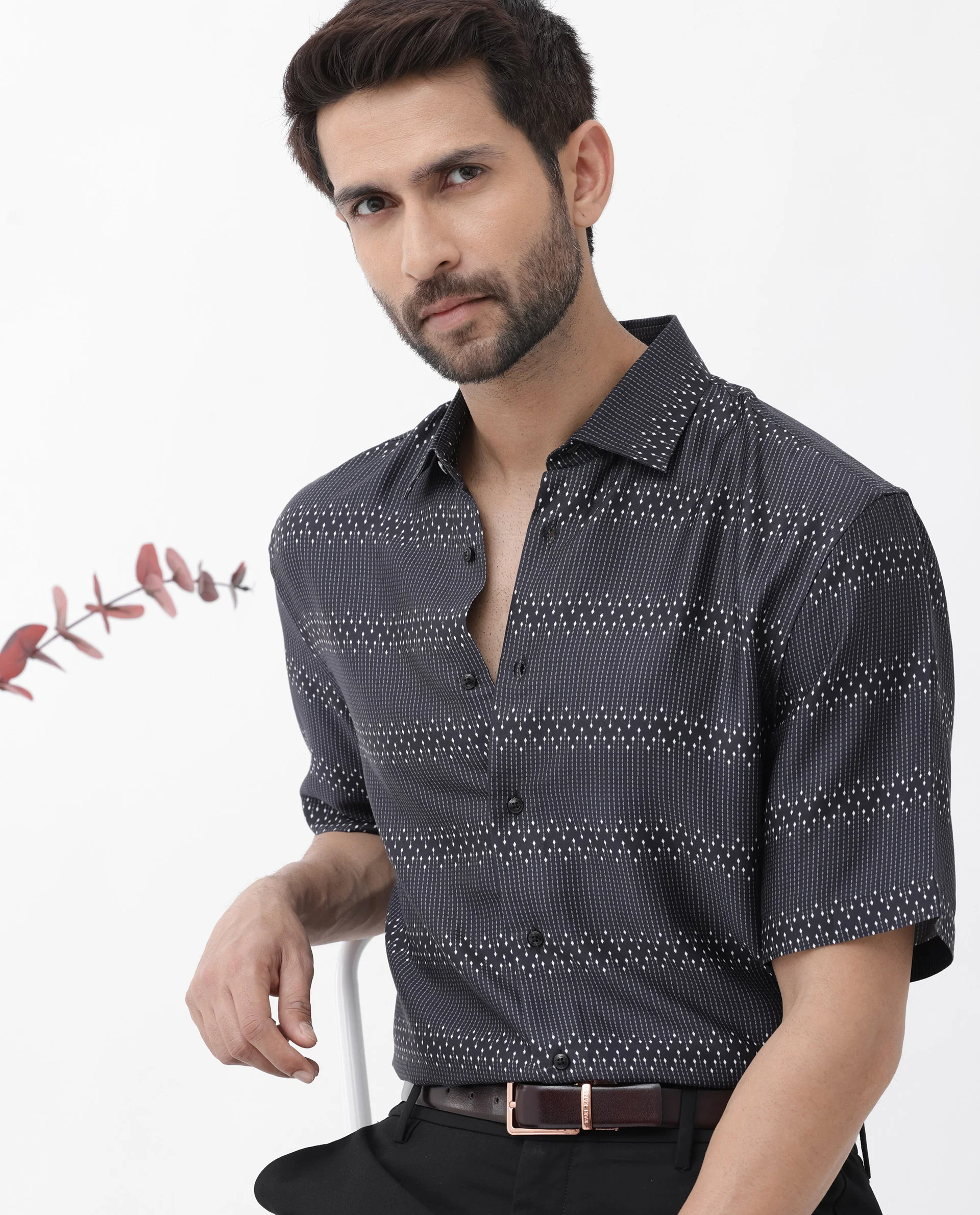 Rare Rabbit Men's Lamo Black Viscose Geometric Print Boxy Fit Half Sleeve Collared Shirt - Image 6