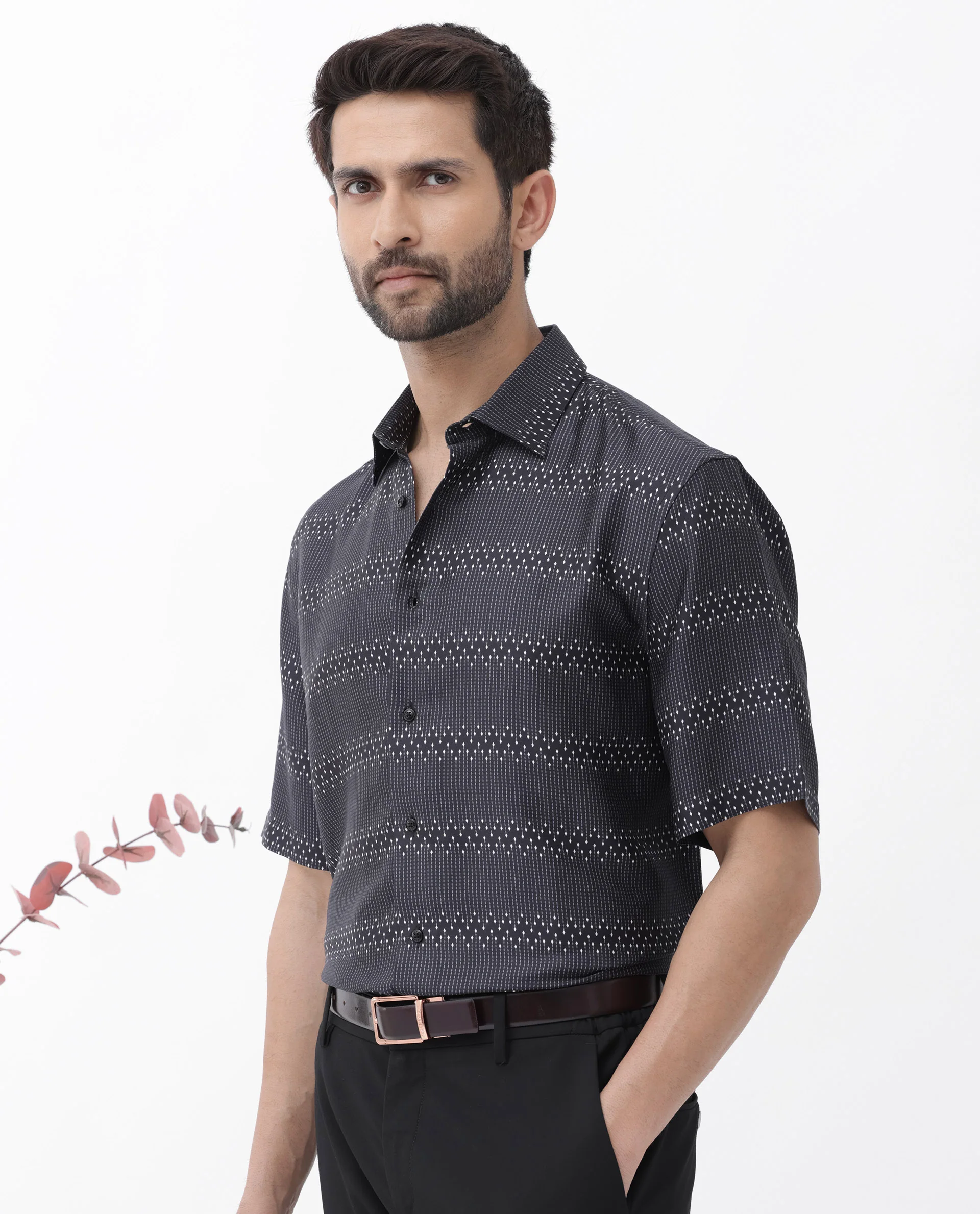 Rare Rabbit Men's Lamo Black Viscose Geometric Print Boxy Fit Half Sleeve Collared Shirt - Image 8