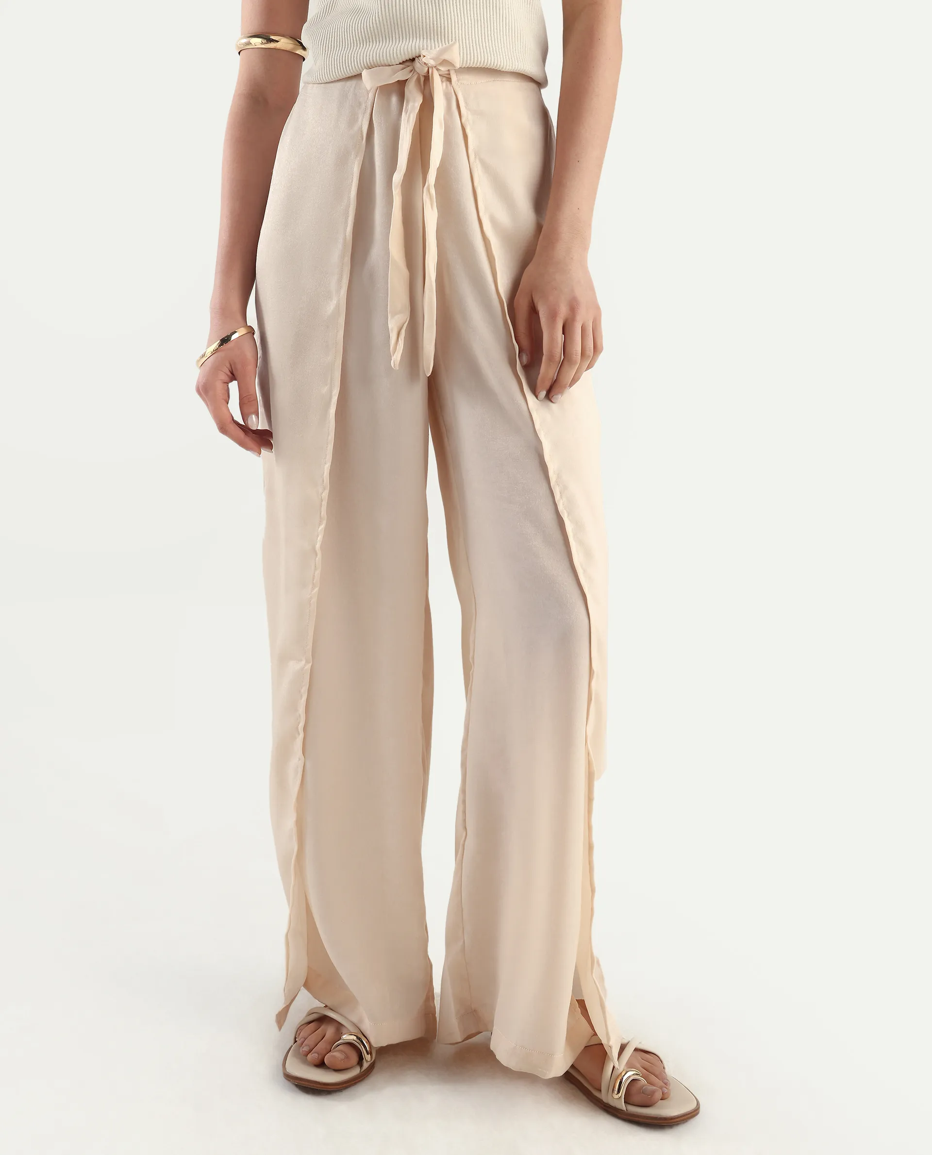 Rareism Women's Lamona B Beige Polyester Plain Ankle Length Wide Trouser - Image 2