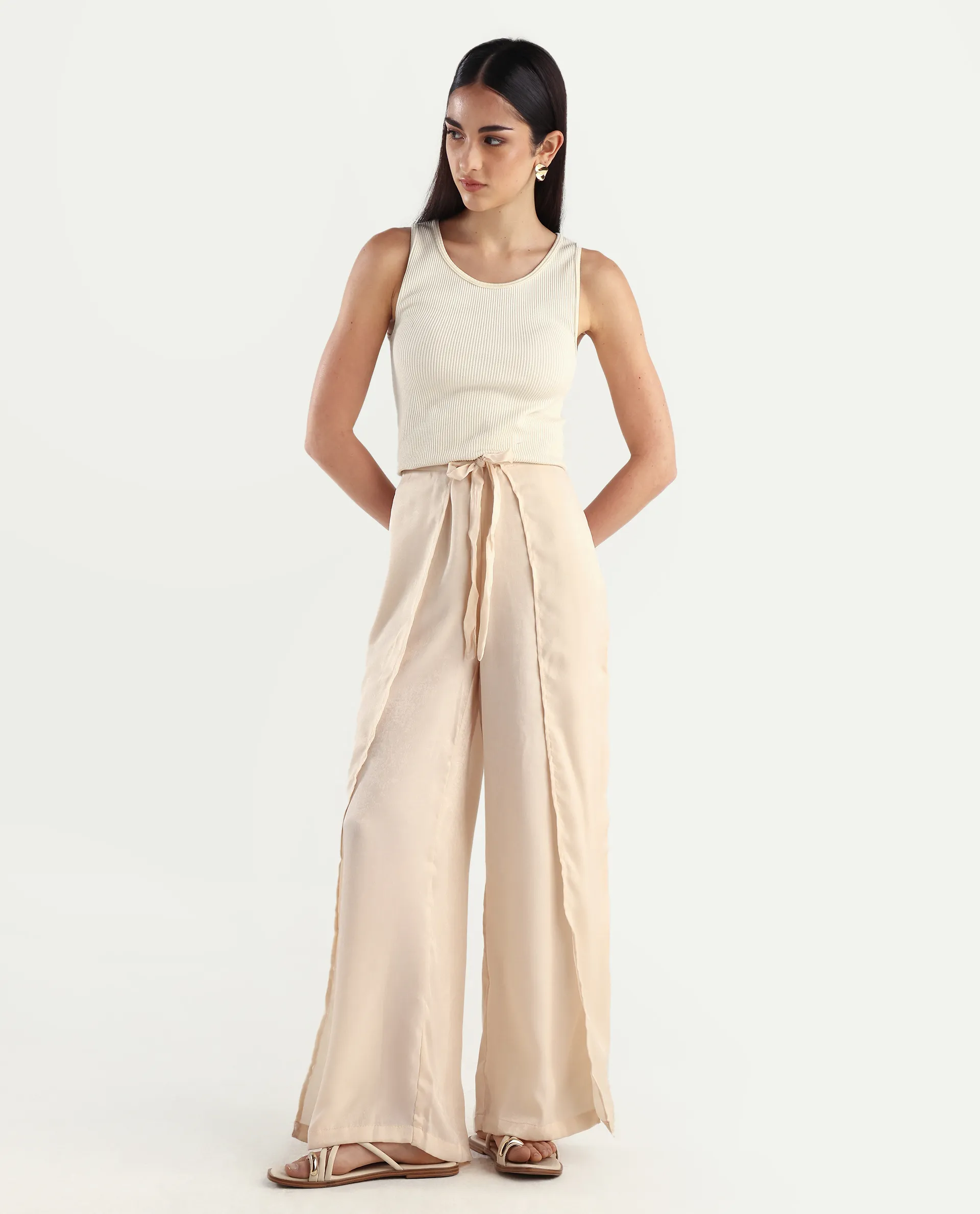 Rareism Women's Lamona B Beige Polyester Plain Ankle Length Wide Trouser - Image 3