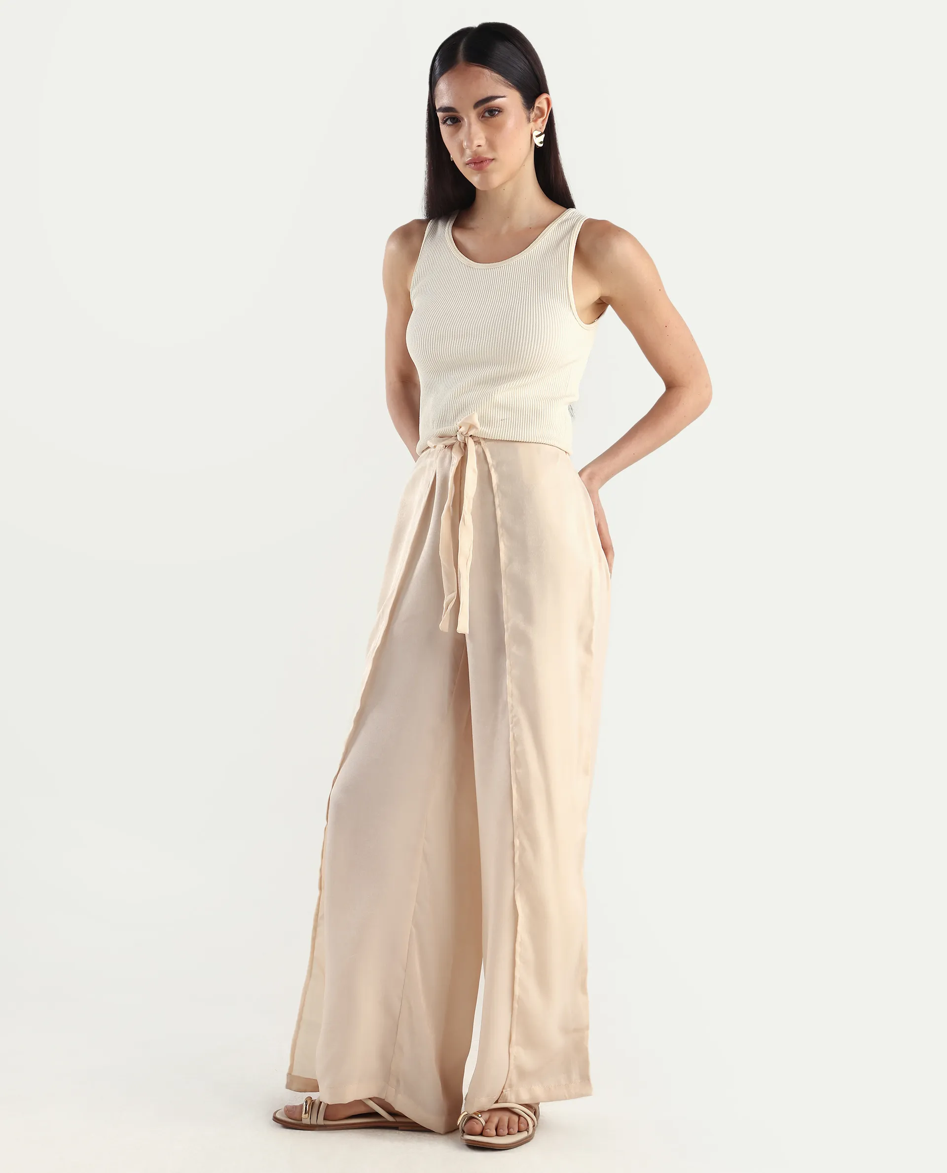 Rareism Women's Lamona B Beige Polyester Plain Ankle Length Wide Trouser - Image 5