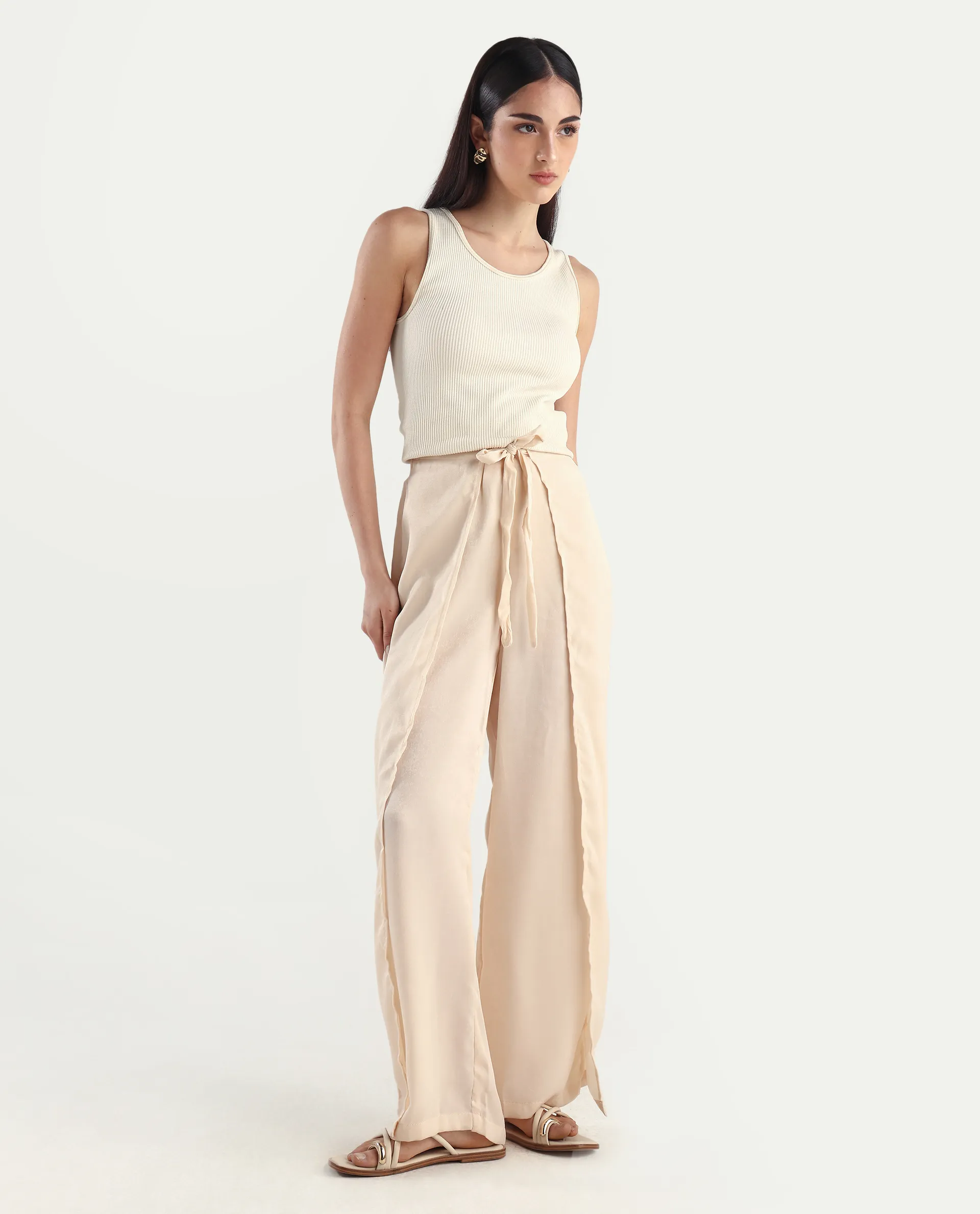 Rareism Women's Lamona B Beige Polyester Plain Ankle Length Wide Trouser - Image 6