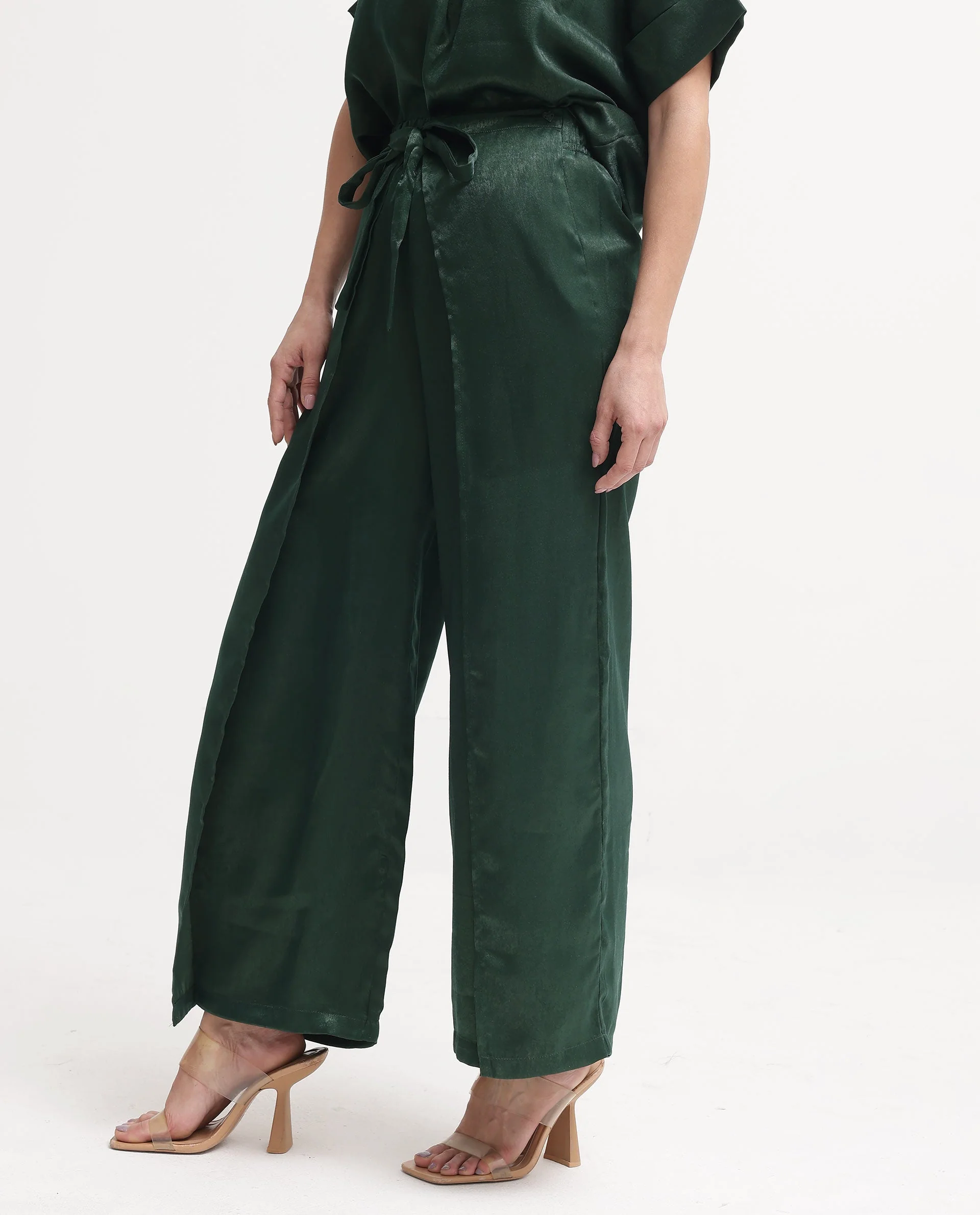 Rareism Women's Lamona-B Dark Green Polyester Plain Ankle Length Wide Trouser - Image 10