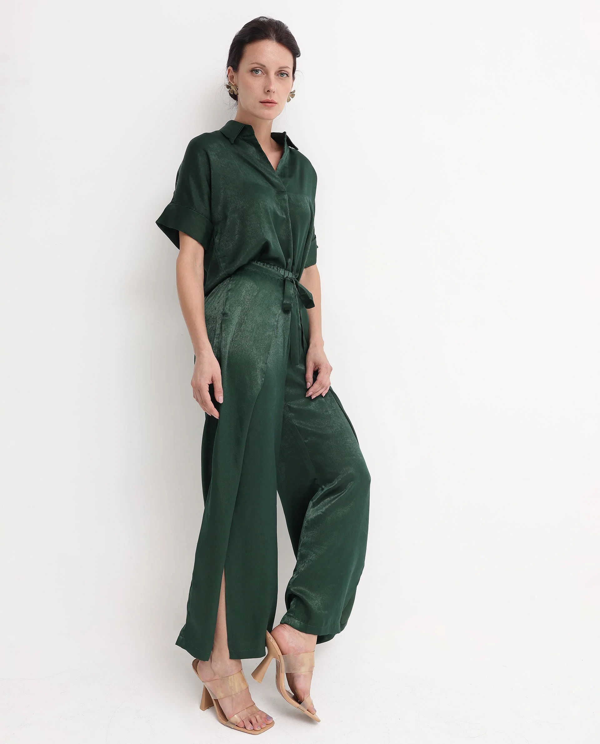 Rareism Women's Lamona-B Dark Green Polyester Plain Ankle Length Wide Trouser - Image 11