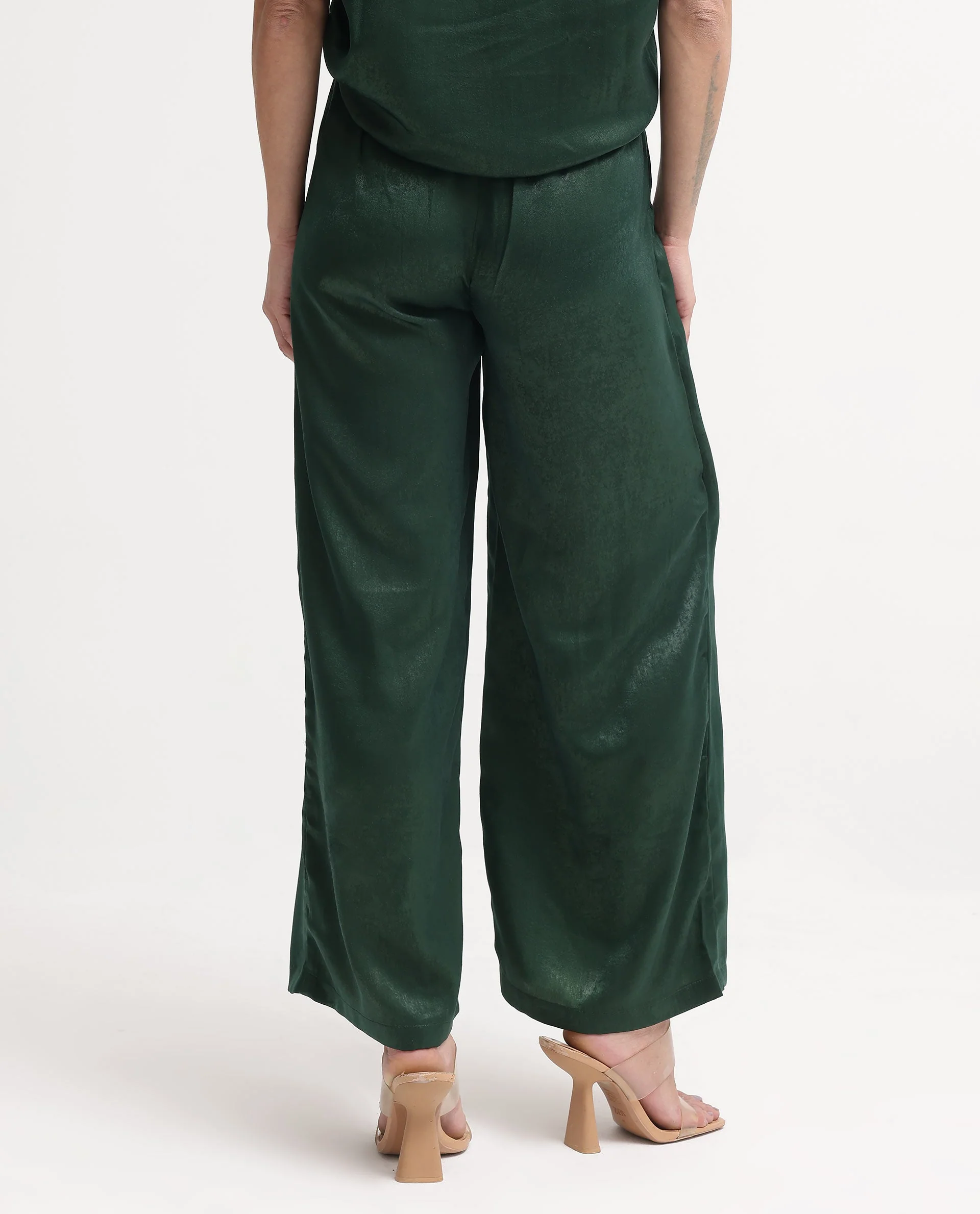 Rareism Women's Lamona-B Dark Green Polyester Plain Ankle Length Wide Trouser - Image 12