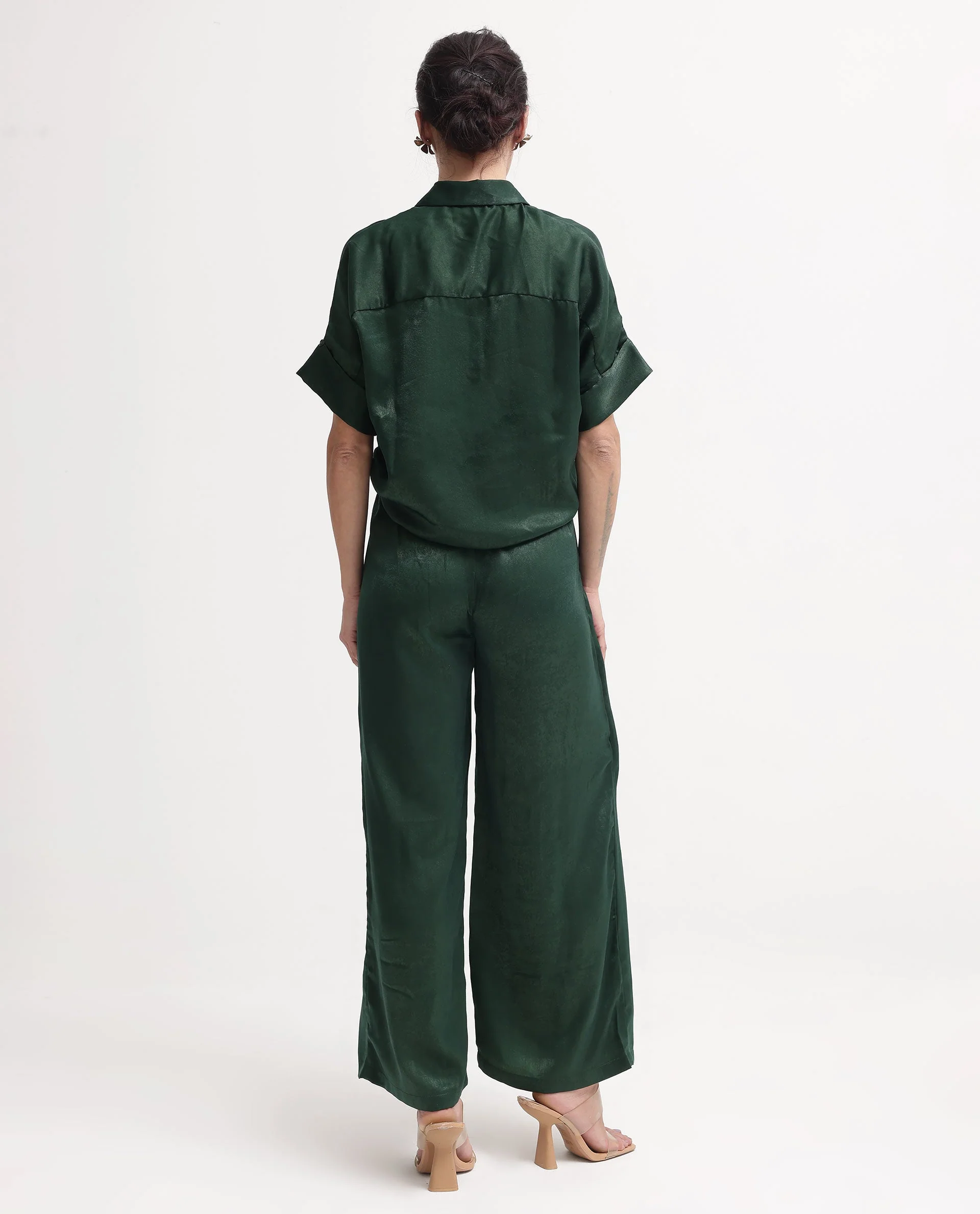 Rareism Women's Lamona-B Dark Green Polyester Plain Ankle Length Wide Trouser - Image 13