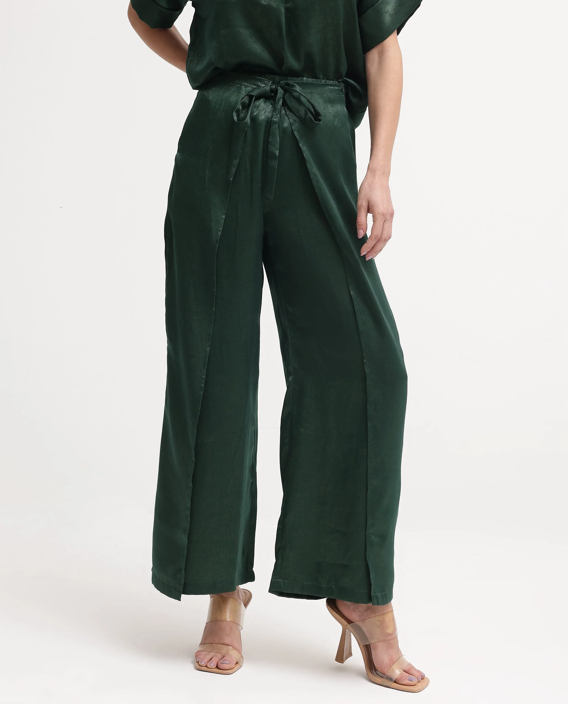 Rareism Women's Lamona-B Dark Green Polyester Plain Ankle Length Wide Trouser - Image 2