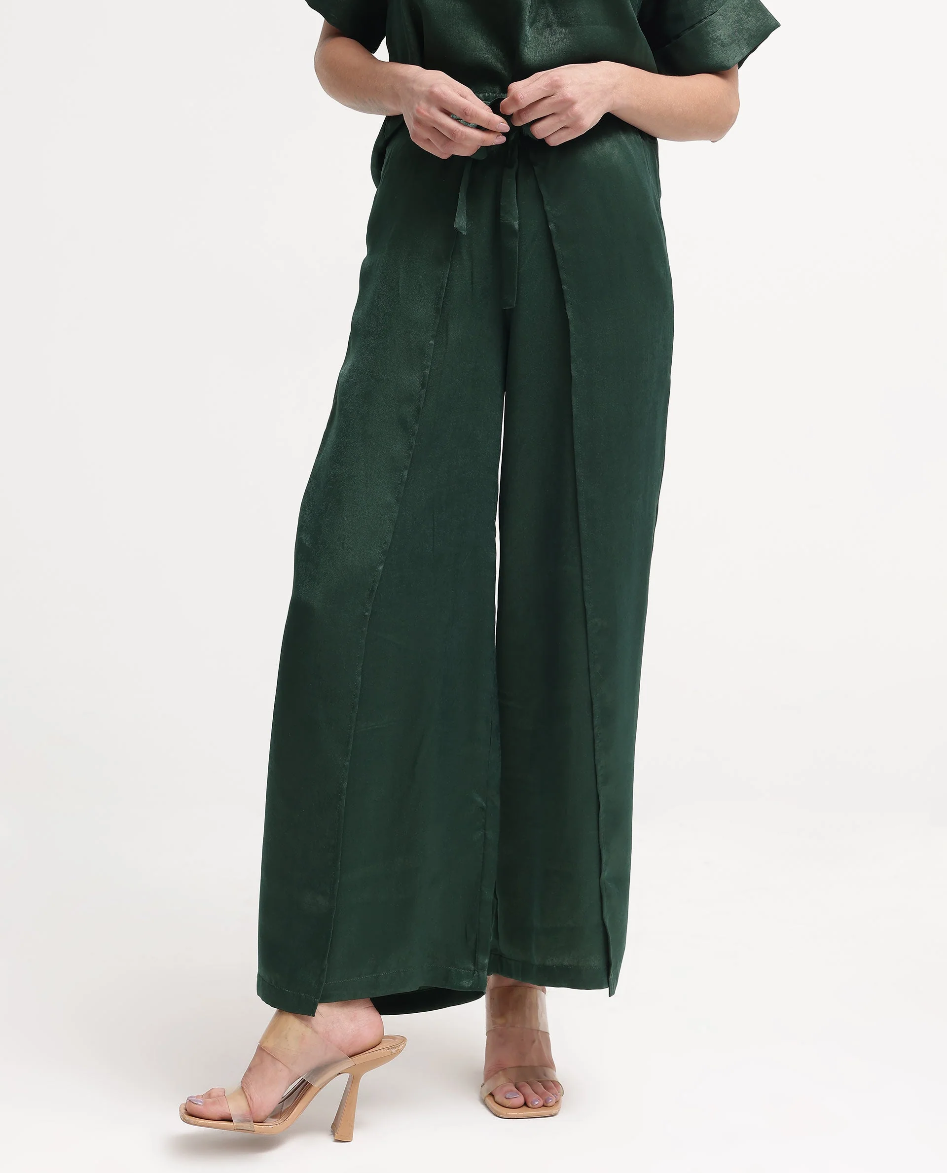 Rareism Women's Lamona-B Dark Green Polyester Plain Ankle Length Wide Trouser - Image 5