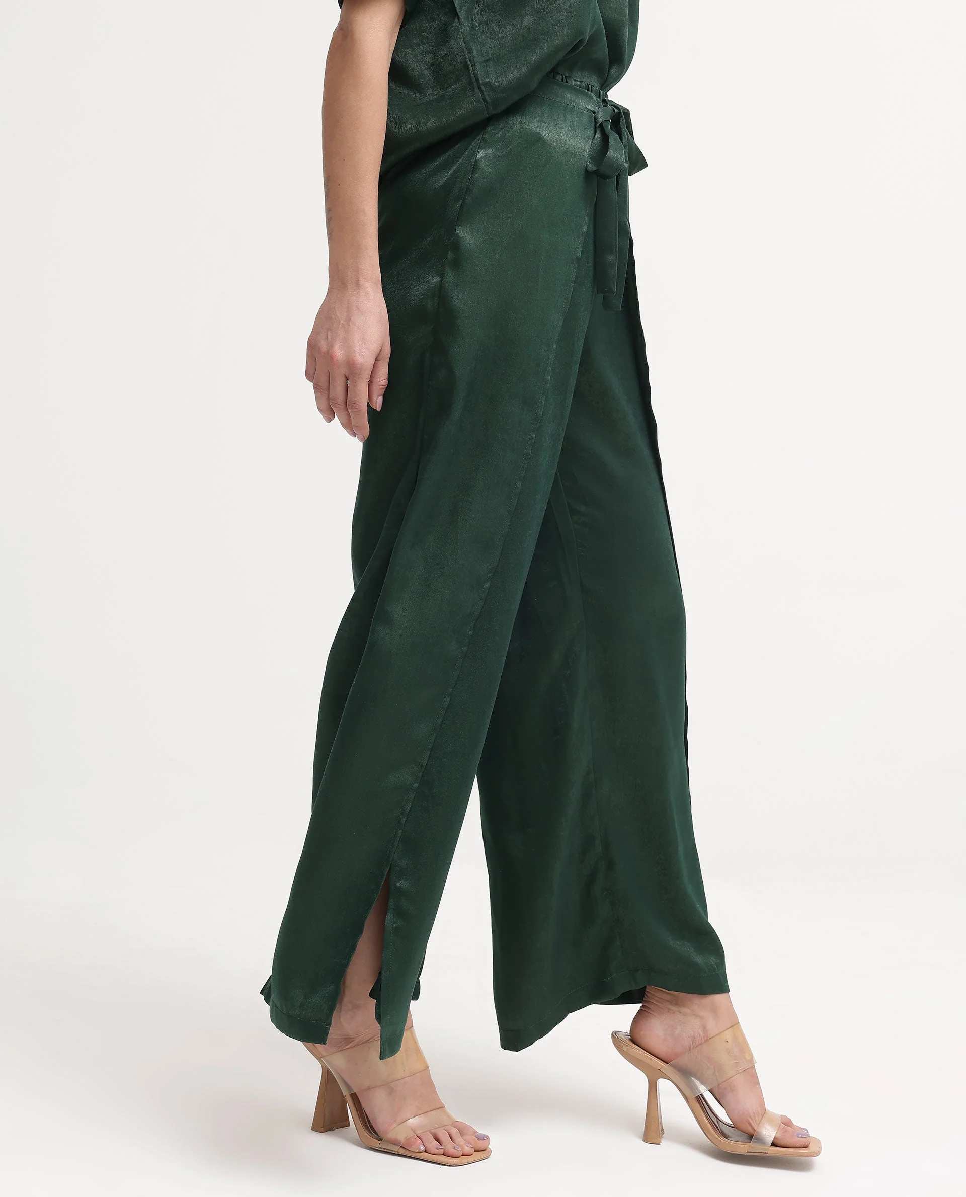 Rareism Women's Lamona-B Dark Green Polyester Plain Ankle Length Wide Trouser - Image 6