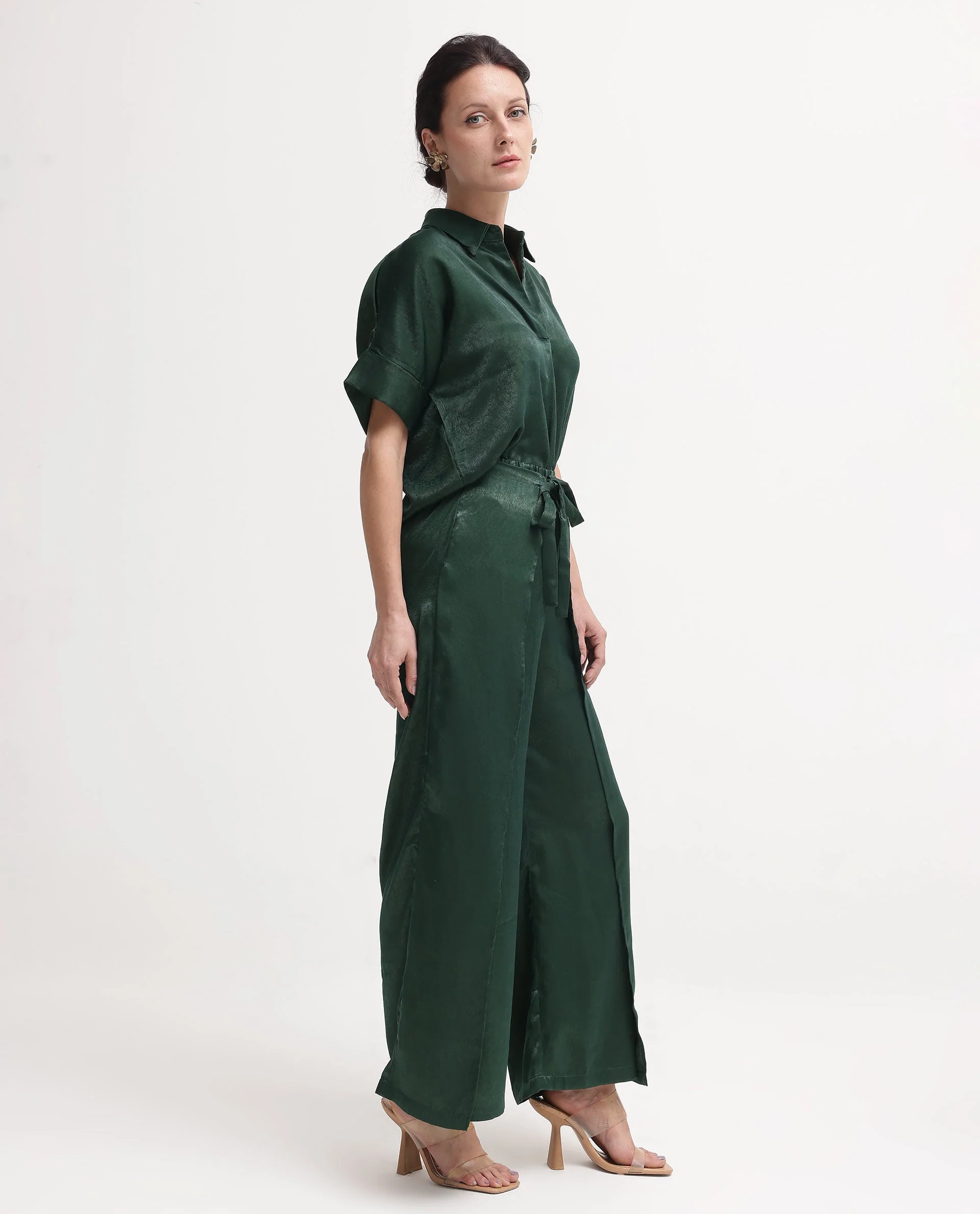 Rareism Women's Lamona-B Dark Green Polyester Plain Ankle Length Wide Trouser - Image 7
