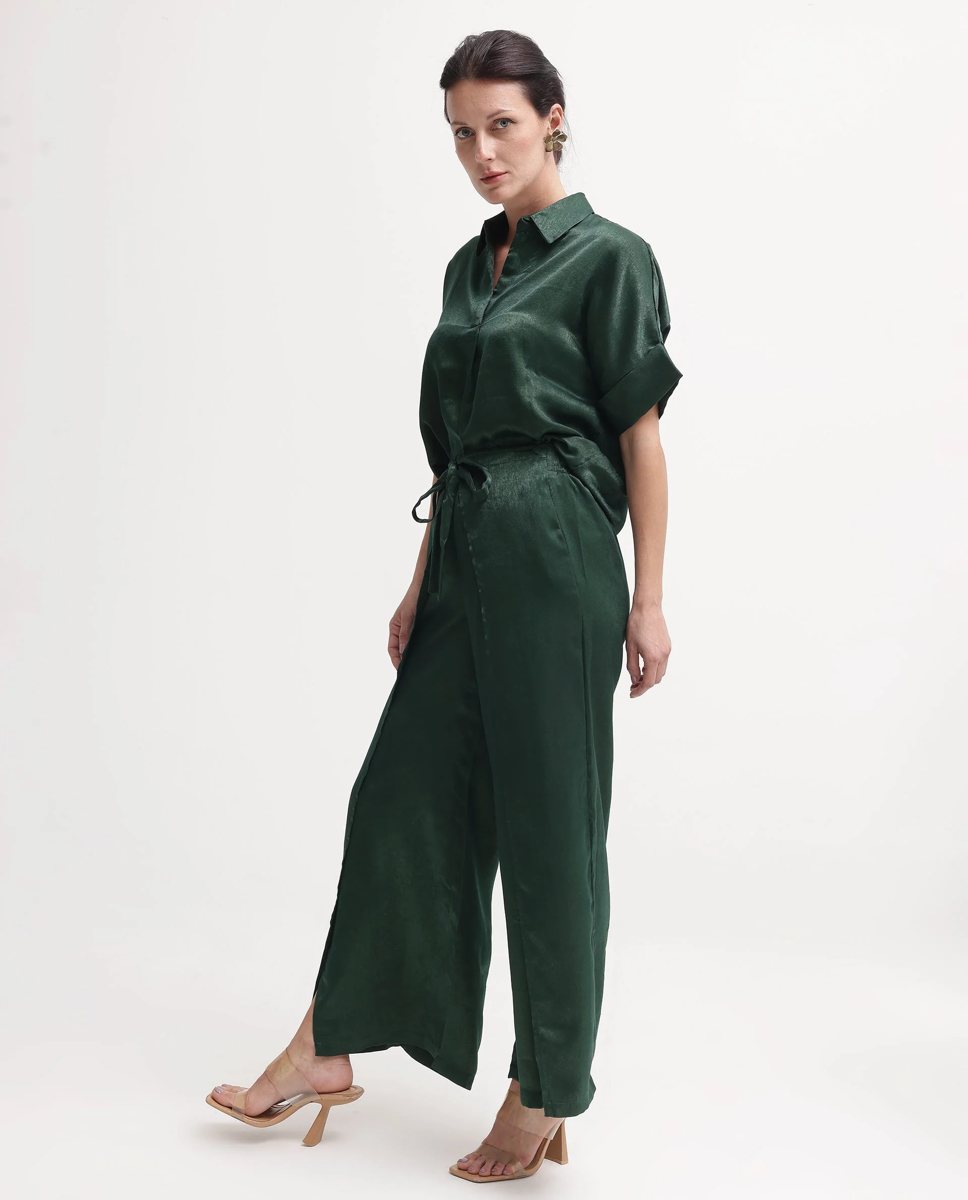 Rareism Women's Lamona-B Dark Green Polyester Plain Ankle Length Wide Trouser - Image 8