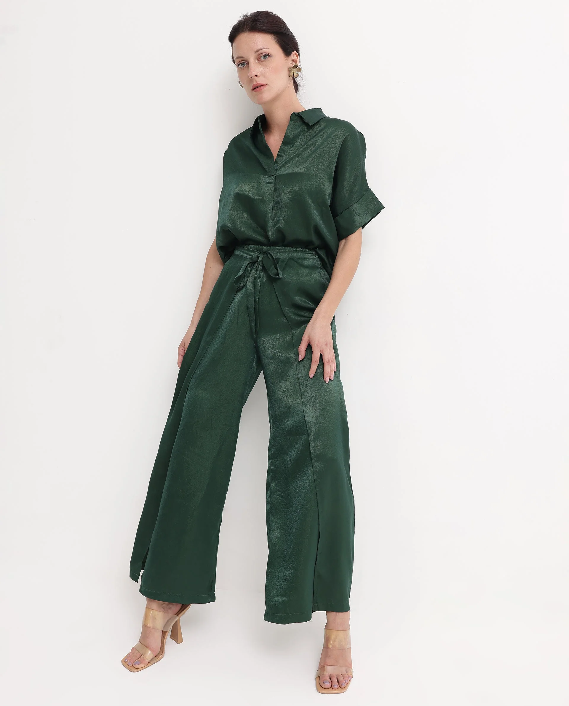 Rareism Women's Lamona-B Dark Green Polyester Plain Ankle Length Wide Trouser - Image 9