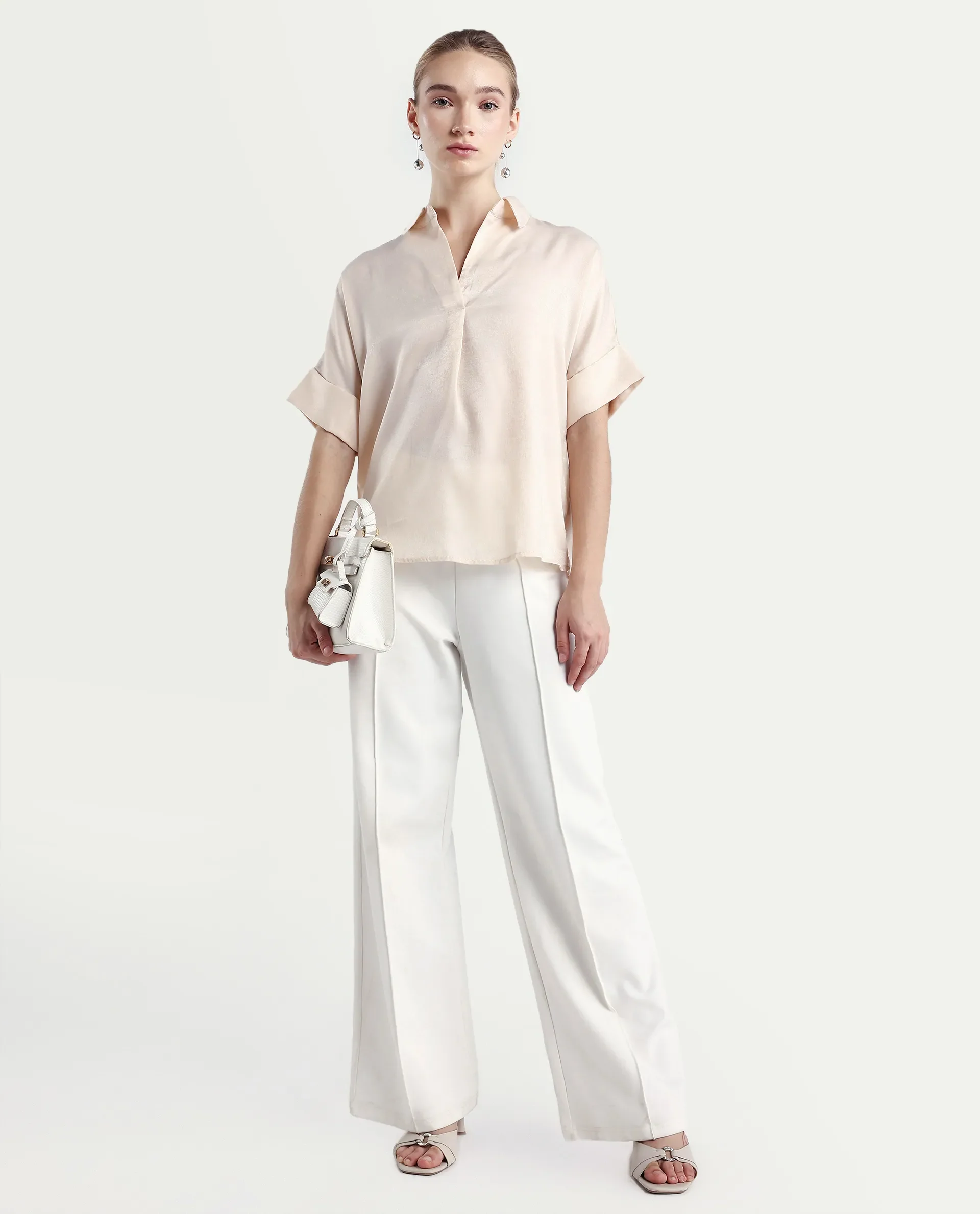 Rareism Women's Lamona T Beige Satin Drop Collar Plain Extended Sleeves Boxy Fit Top - Image 2
