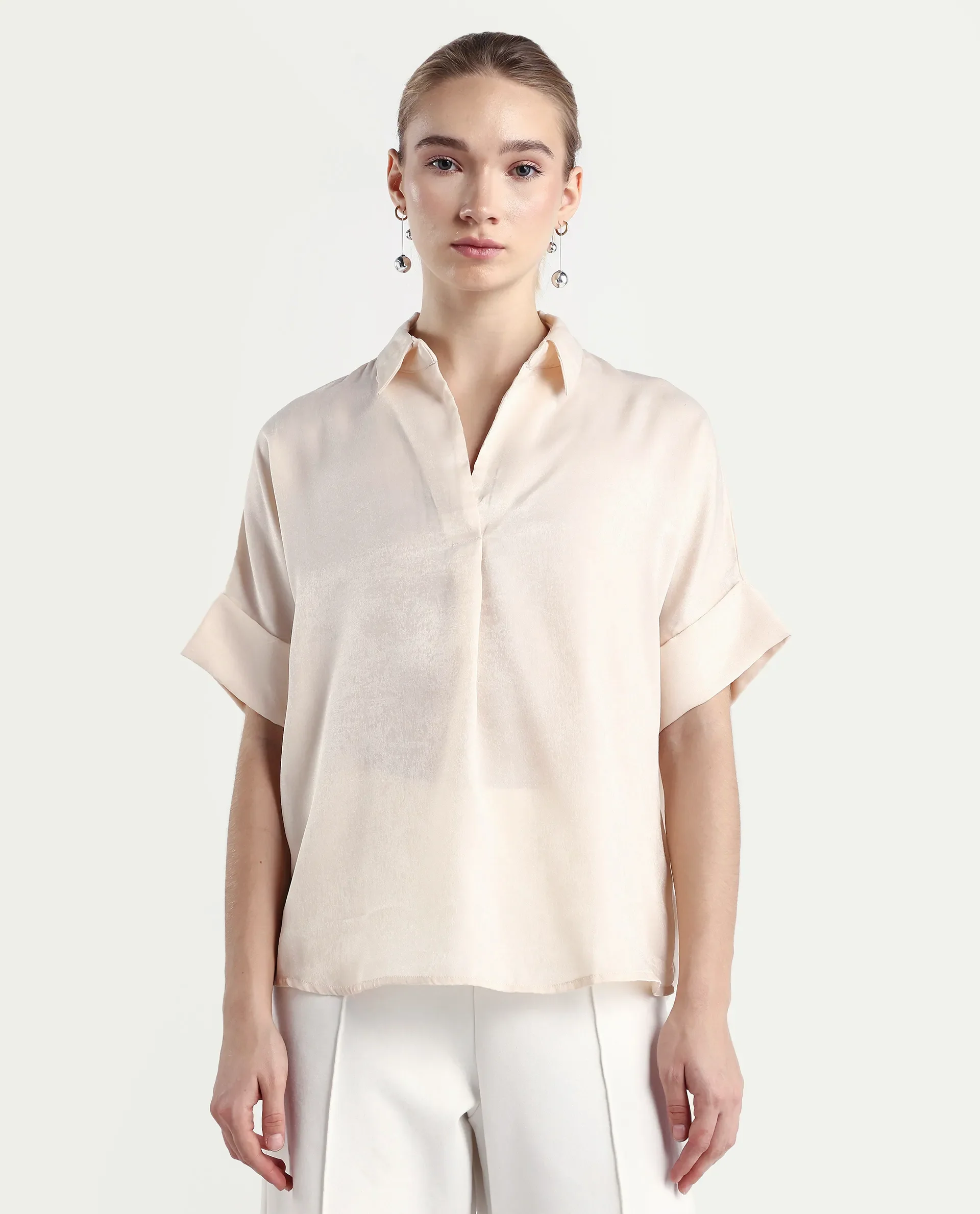 Rareism Women's Lamona T Beige Satin Drop Collar Plain Extended Sleeves Boxy Fit Top - Image 3