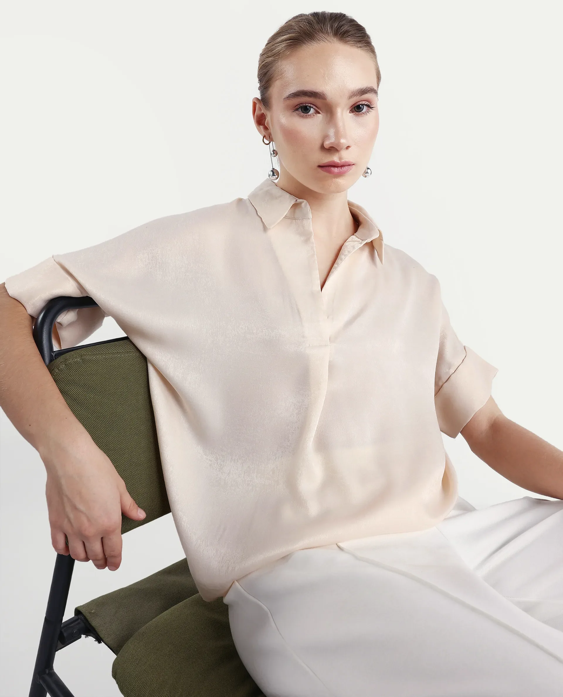 Rareism Women's Lamona T Beige Satin Drop Collar Plain Extended Sleeves Boxy Fit Top - Image 4