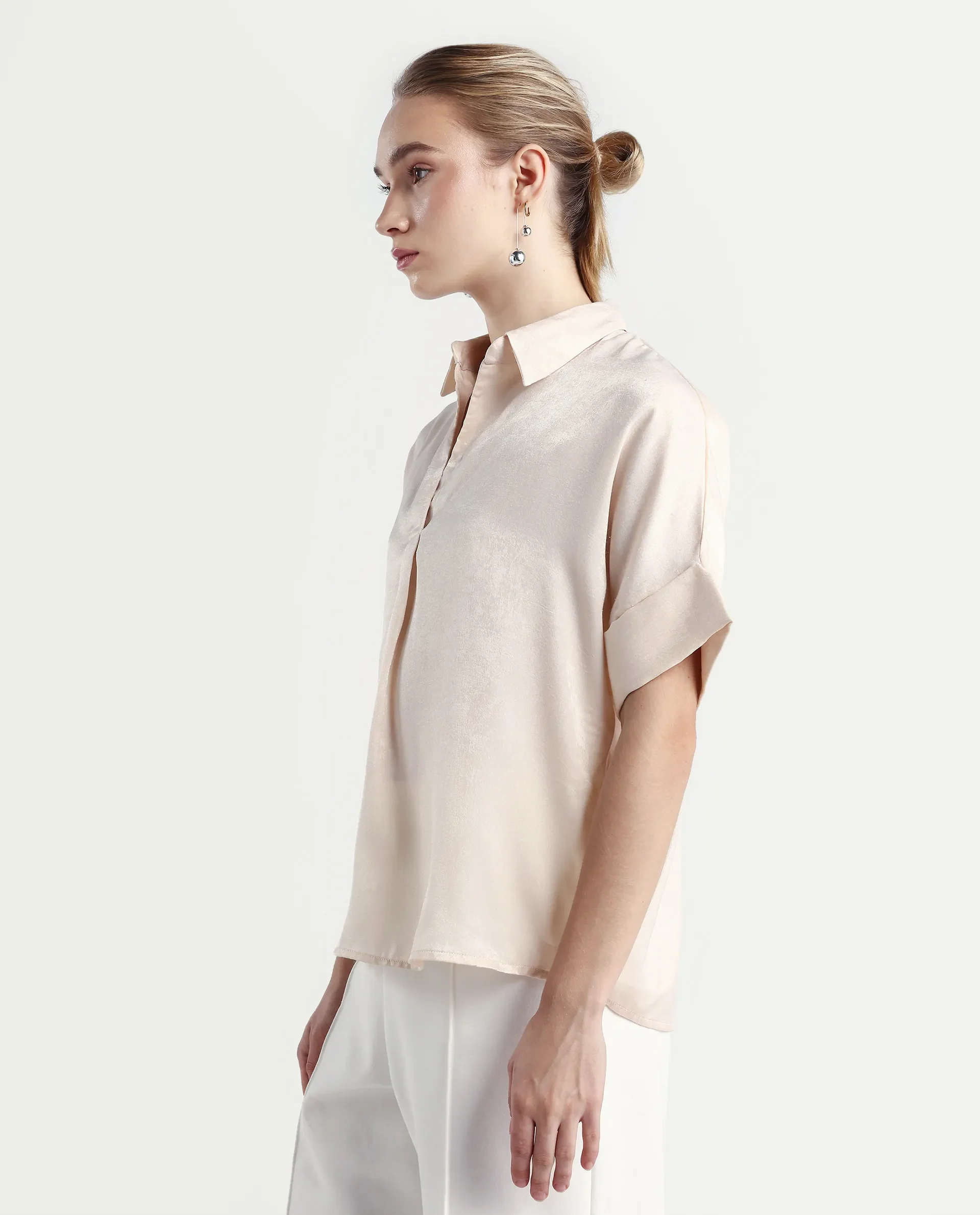 Rareism Women's Lamona T Beige Satin Drop Collar Plain Extended Sleeves Boxy Fit Top - Image 5