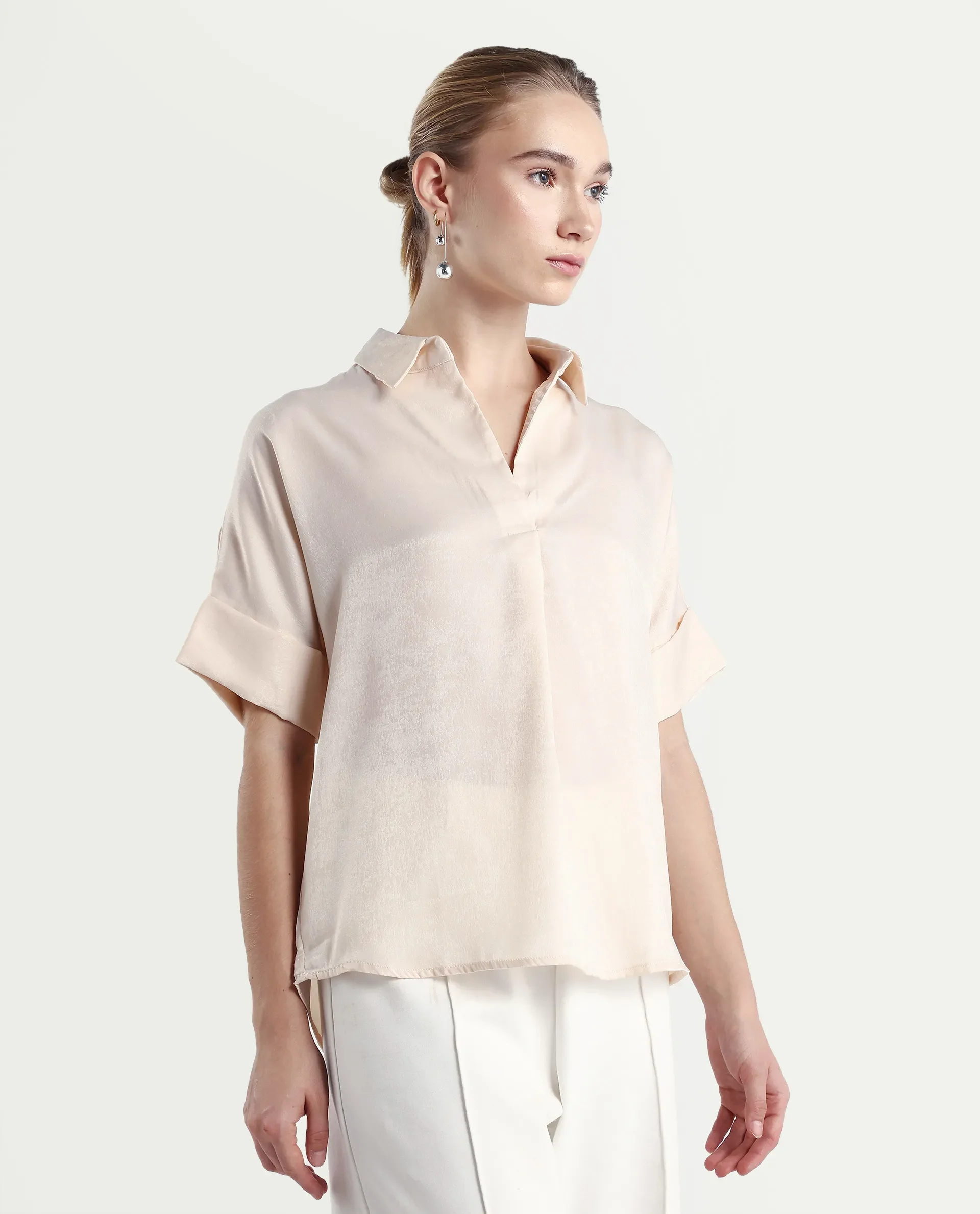 Rareism Women's Lamona T Beige Satin Drop Collar Plain Extended Sleeves Boxy Fit Top - Image 6
