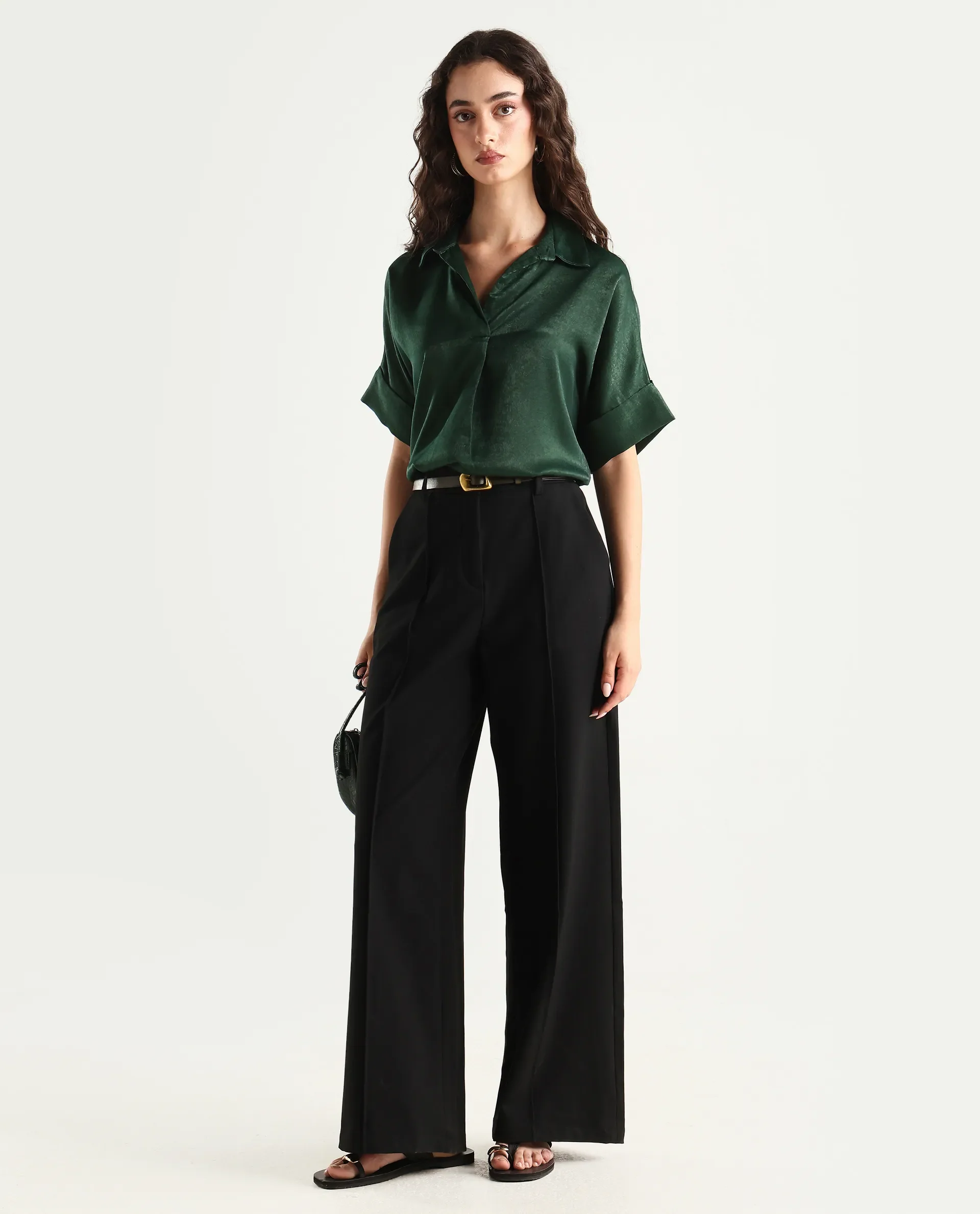 Rareism Women's Lamona-T Dark Green Polyester Drop Collar Plain Extended Sleeves Boxy Fit Top - Image 2