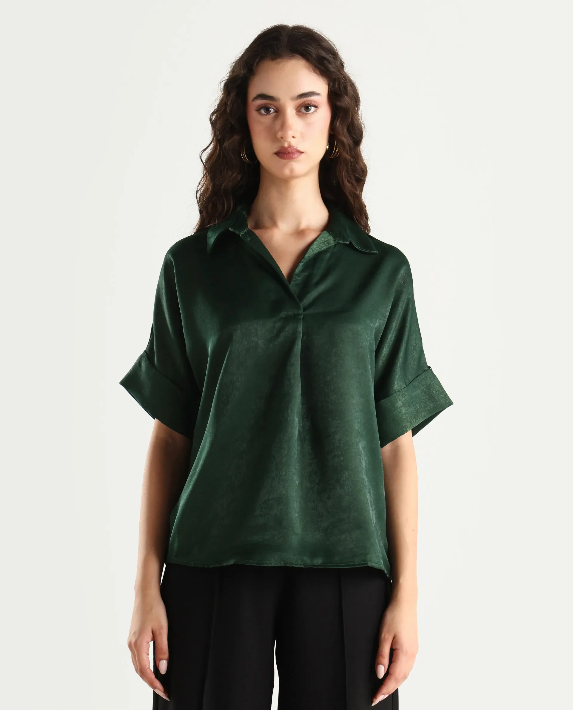 Rareism Women's Lamona-T Dark Green Polyester Drop Collar Plain Extended Sleeves Boxy Fit Top - Image 3