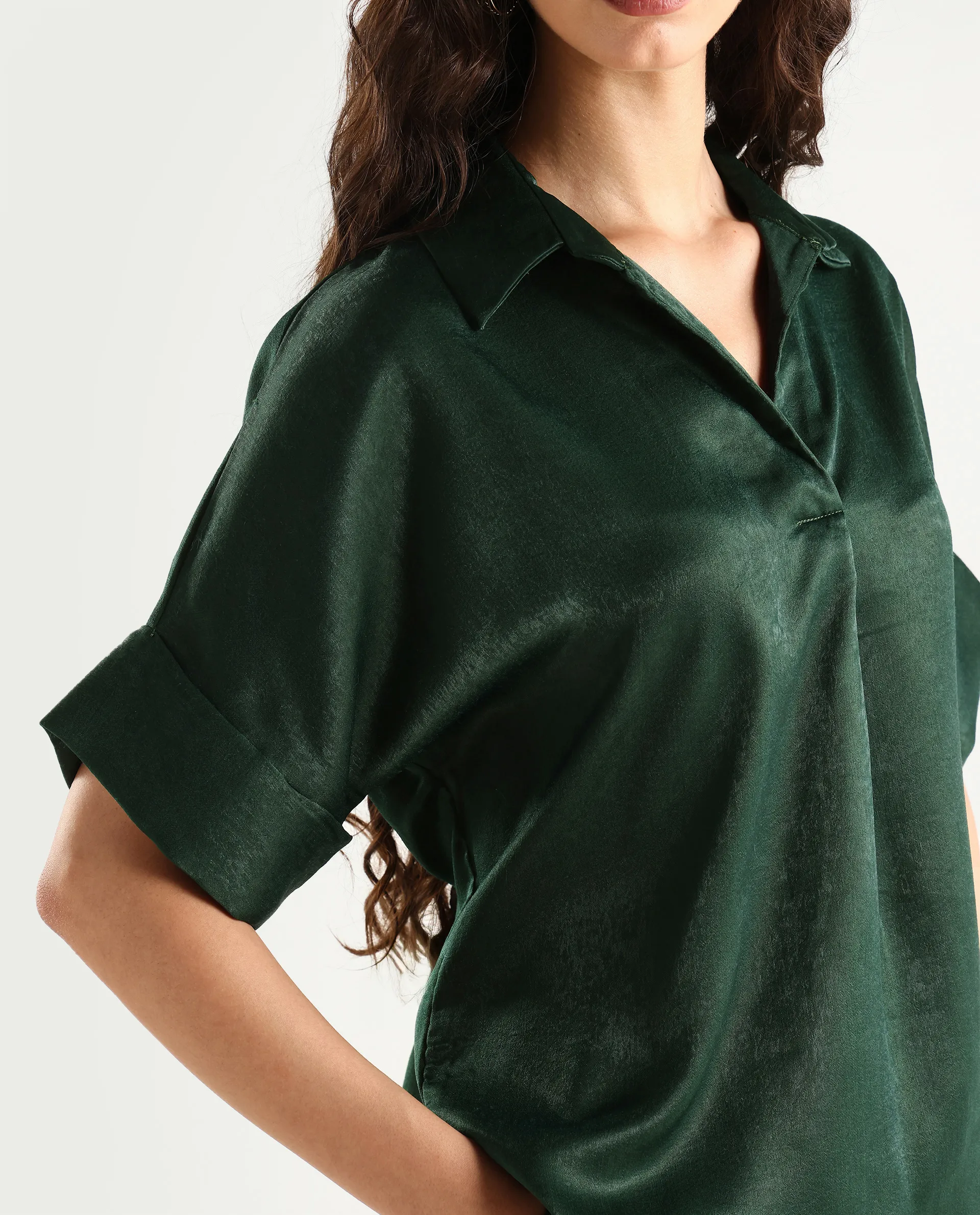 Rareism Women's Lamona-T Dark Green Polyester Drop Collar Plain Extended Sleeves Boxy Fit Top - Image 4