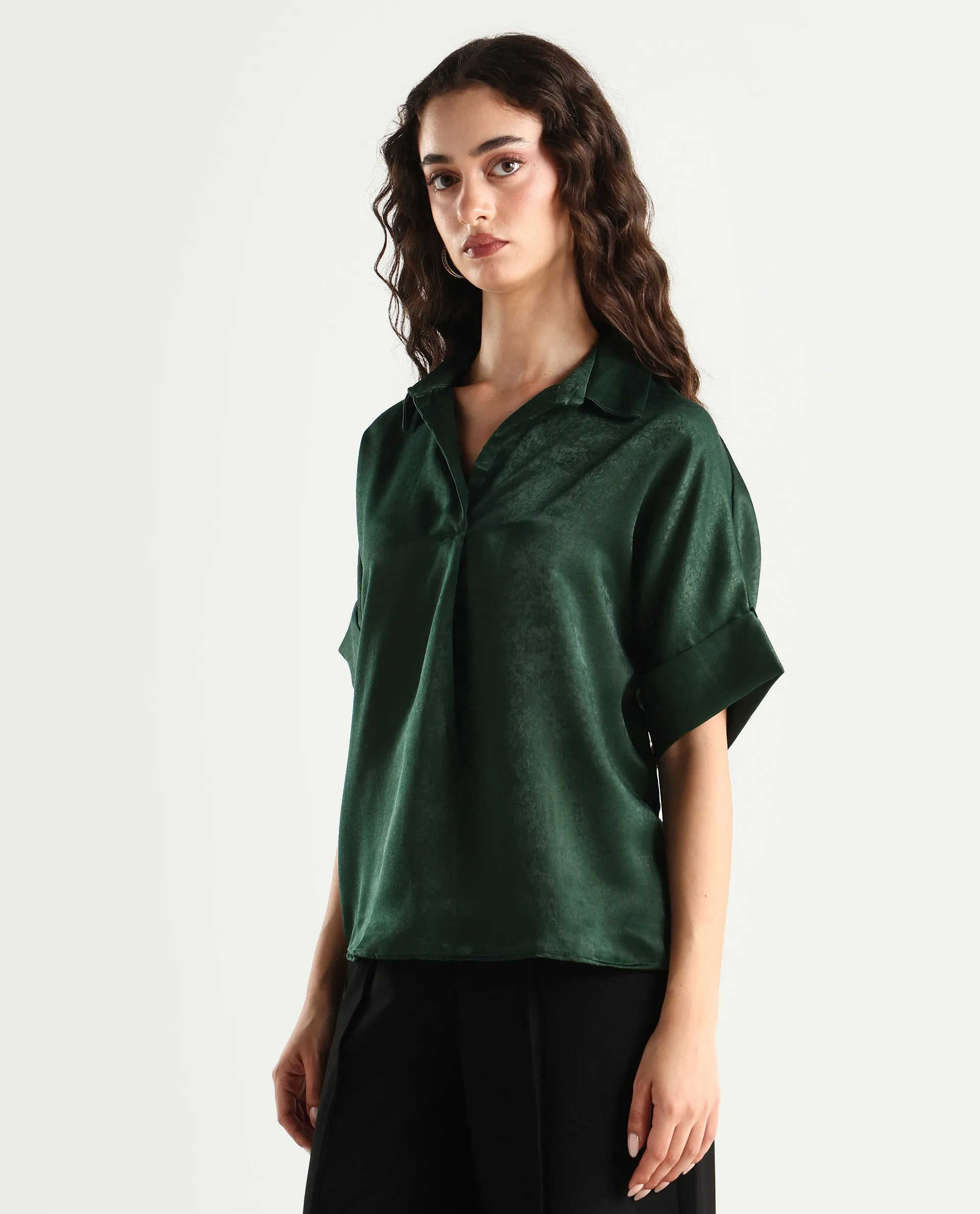 Rareism Women's Lamona-T Dark Green Polyester Drop Collar Plain Extended Sleeves Boxy Fit Top - Image 6