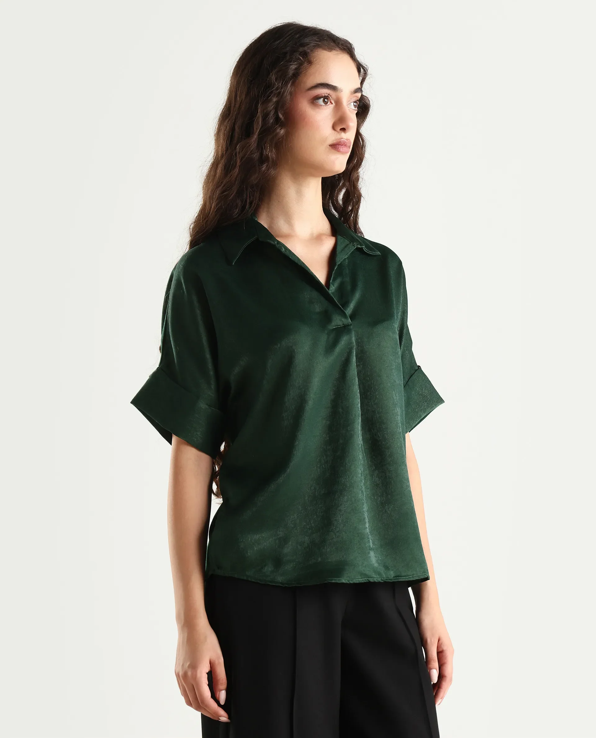 Rareism Women's Lamona-T Dark Green Polyester Drop Collar Plain Extended Sleeves Boxy Fit Top - Image 7
