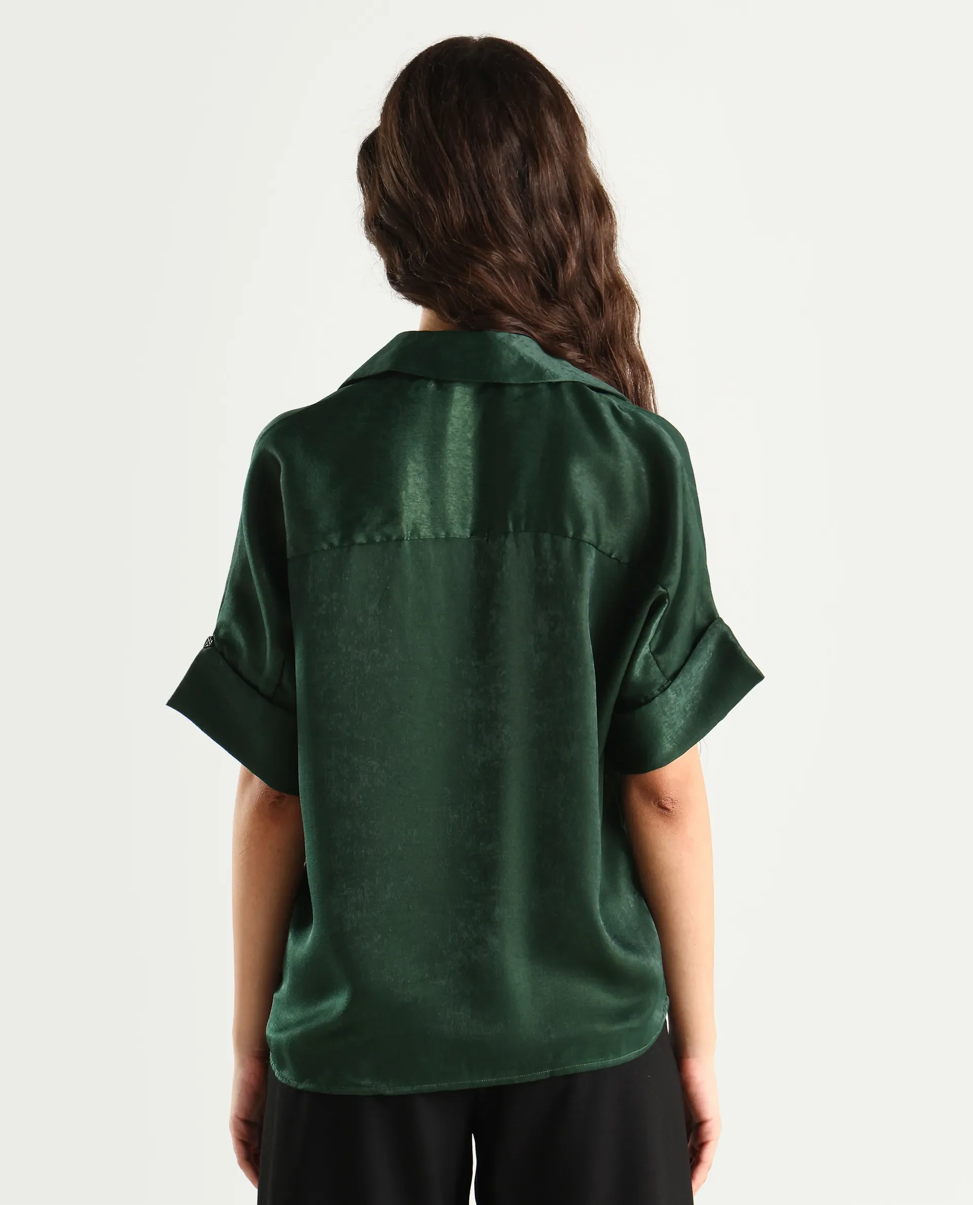 Rareism Women's Lamona-T Dark Green Polyester Drop Collar Plain Extended Sleeves Boxy Fit Top - Image 8