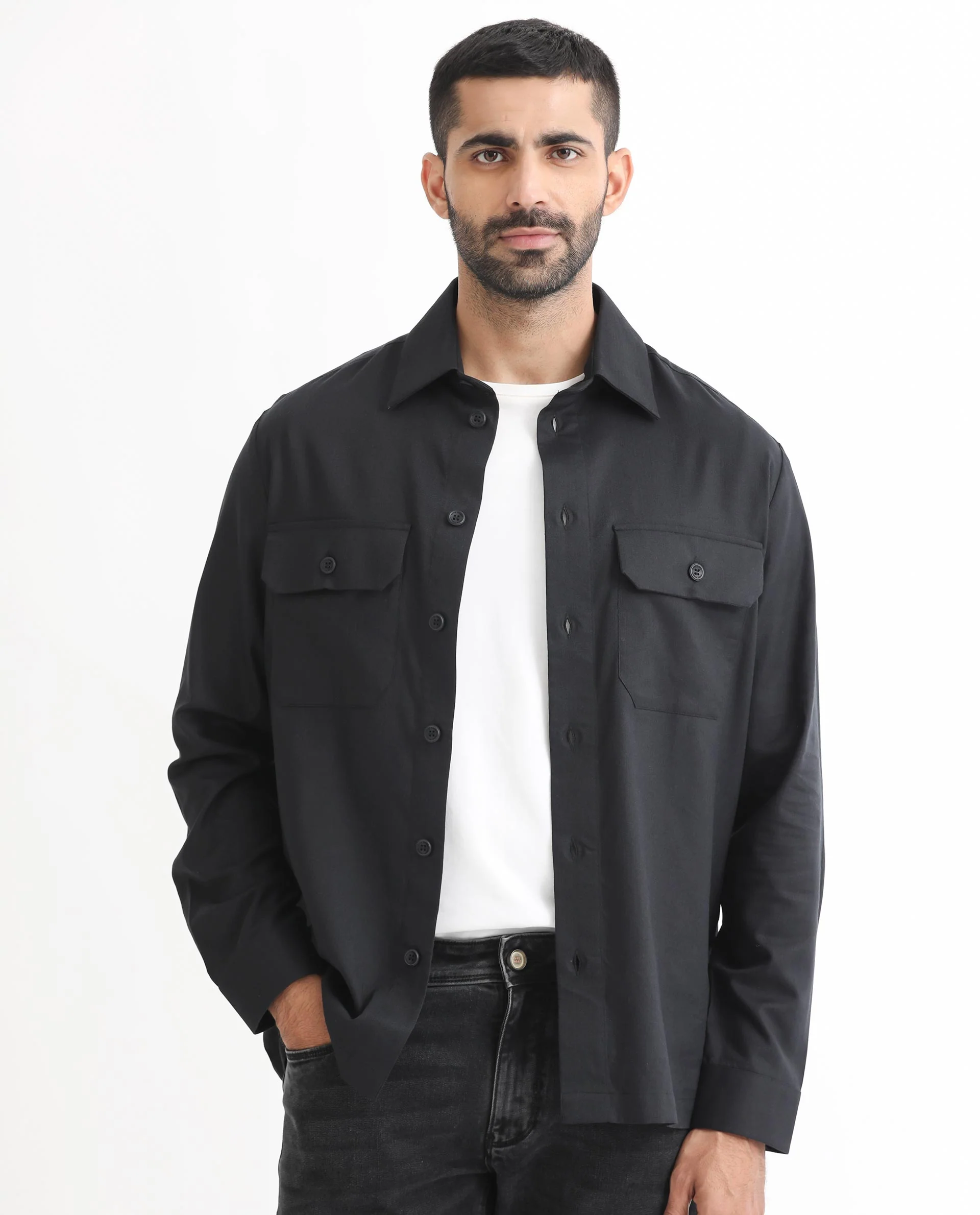 Rare Rabbit Men's Lampil Black Cotton Plain Regular Fit Full Sleeve Collared Shirt