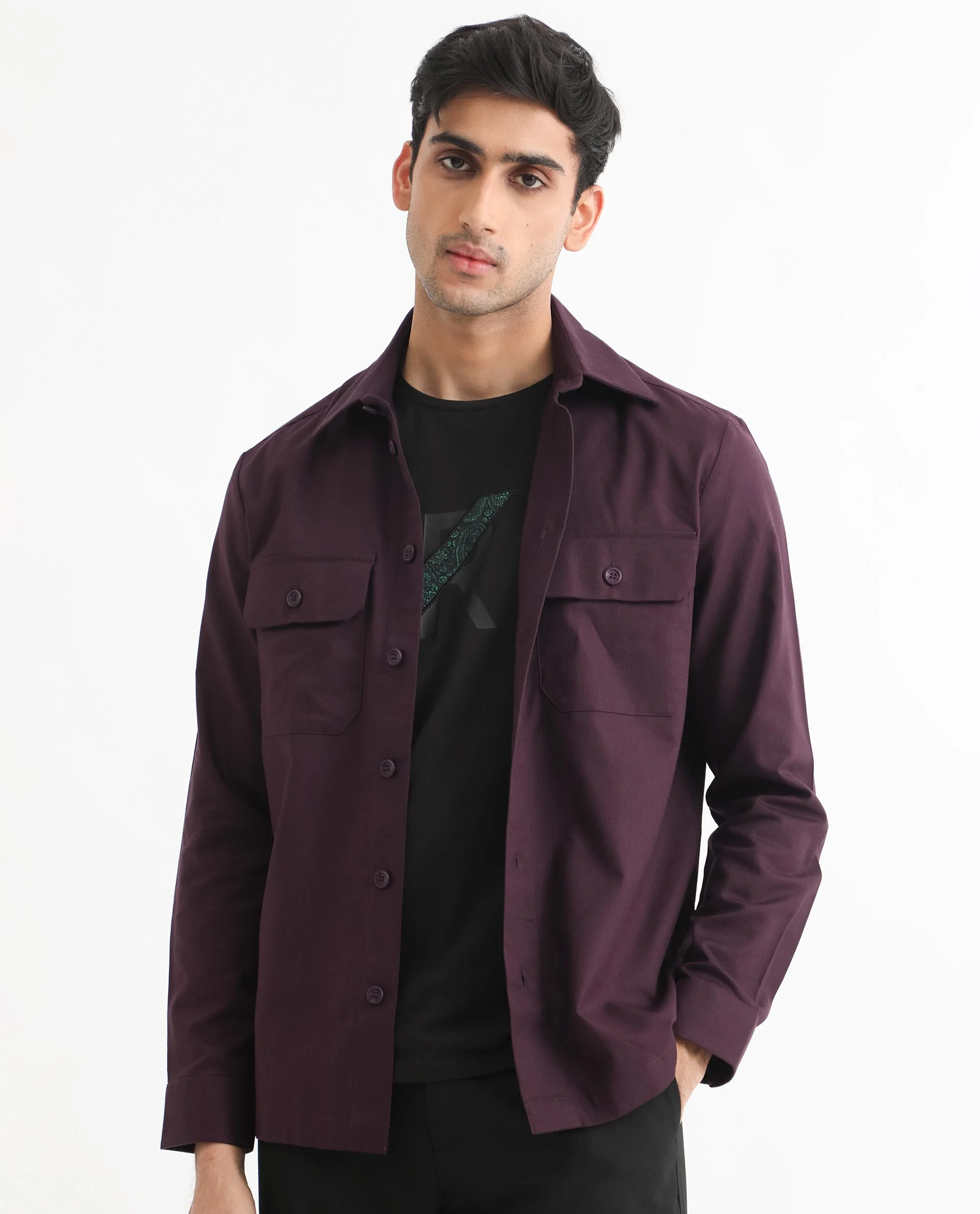 Rare Rabbit Men's Lampil Dark Maroon Cotton Plain Regular Fit Spread Collar Shirt - Image 2