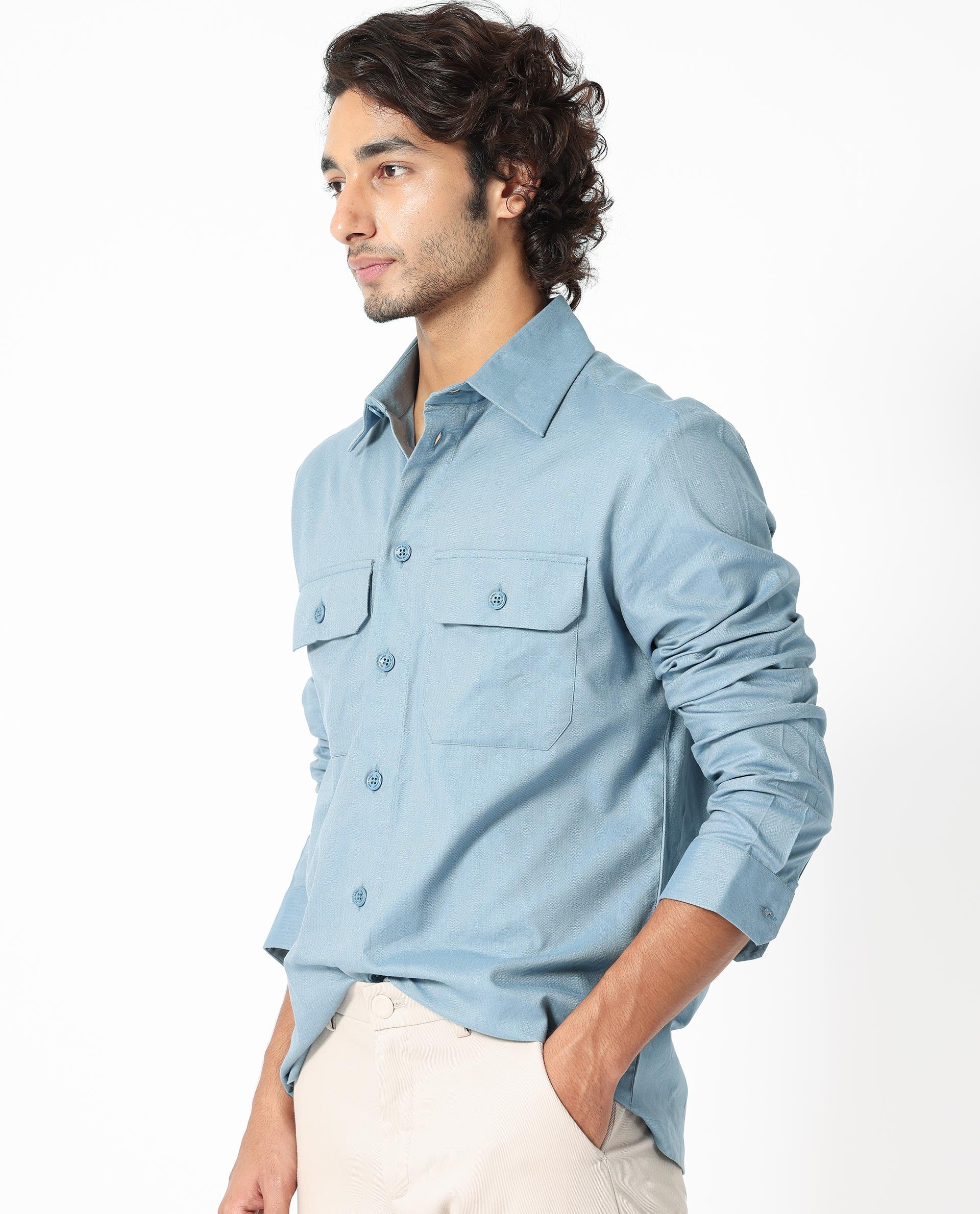 Rare Rabbit Men's Lampil Dusky Blue Cotton Plain Regular Fit Full Sleeve Collared Shirt - Image 3