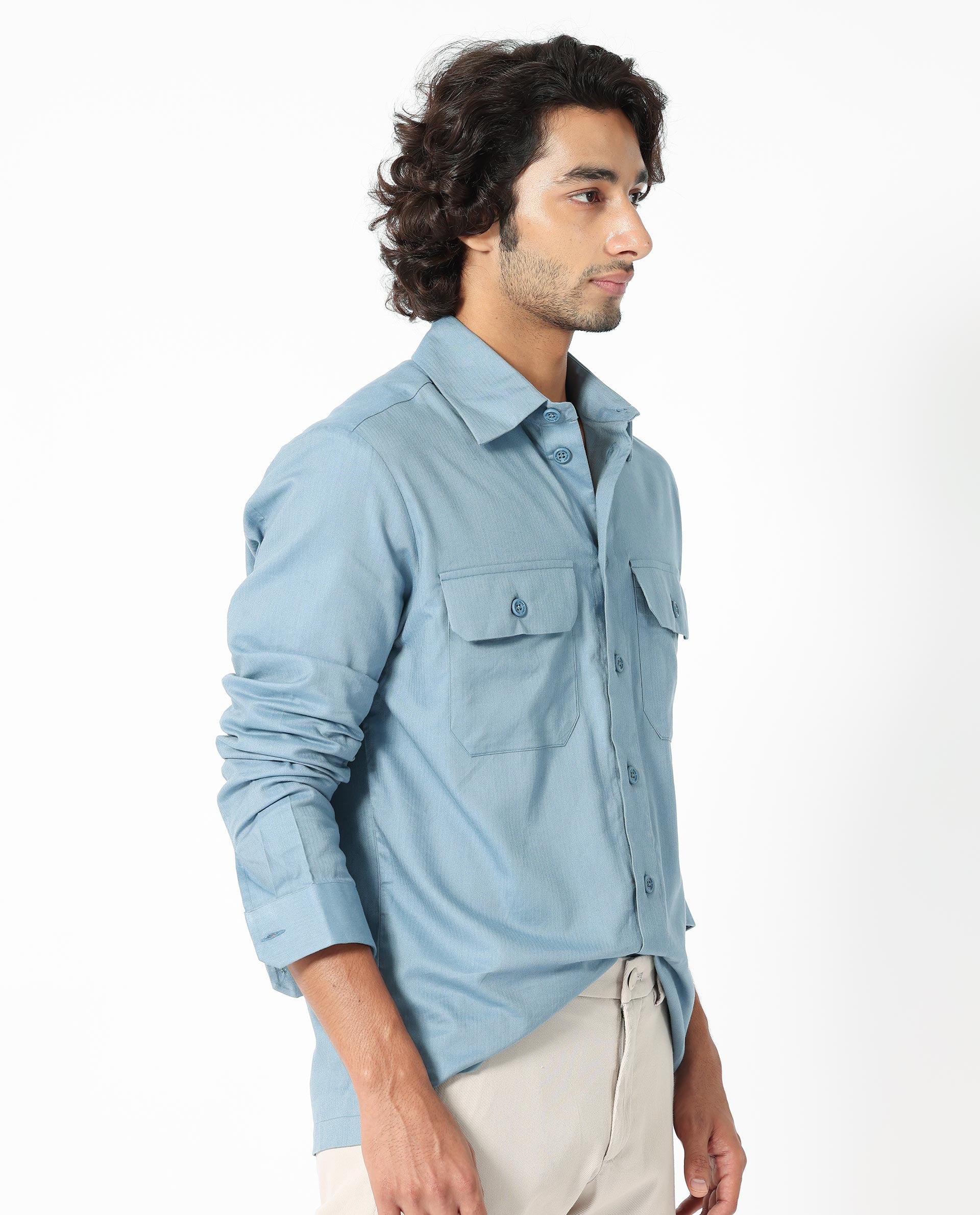 Rare Rabbit Men's Lampil Dusky Blue Cotton Plain Regular Fit Full Sleeve Collared Shirt - Image 6