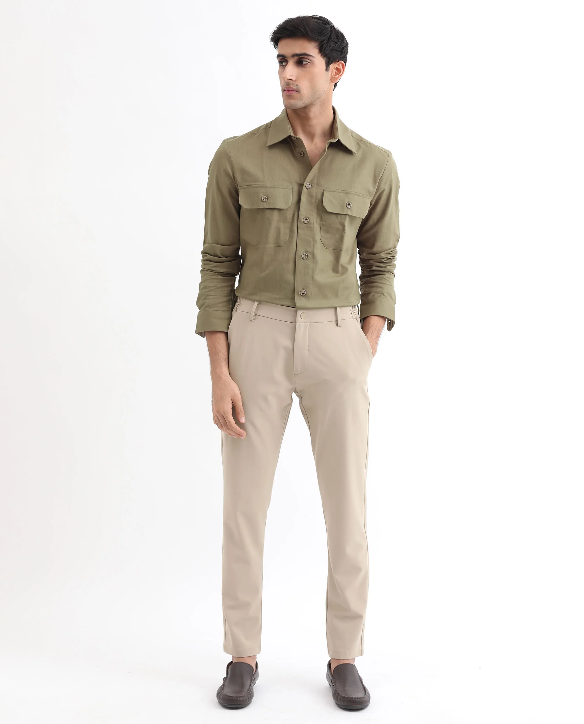 Rare Rabbit Men's Lampil Light Olive Cotton Plain Regular Fit Full Sleeve Collared Shirt - Image 2