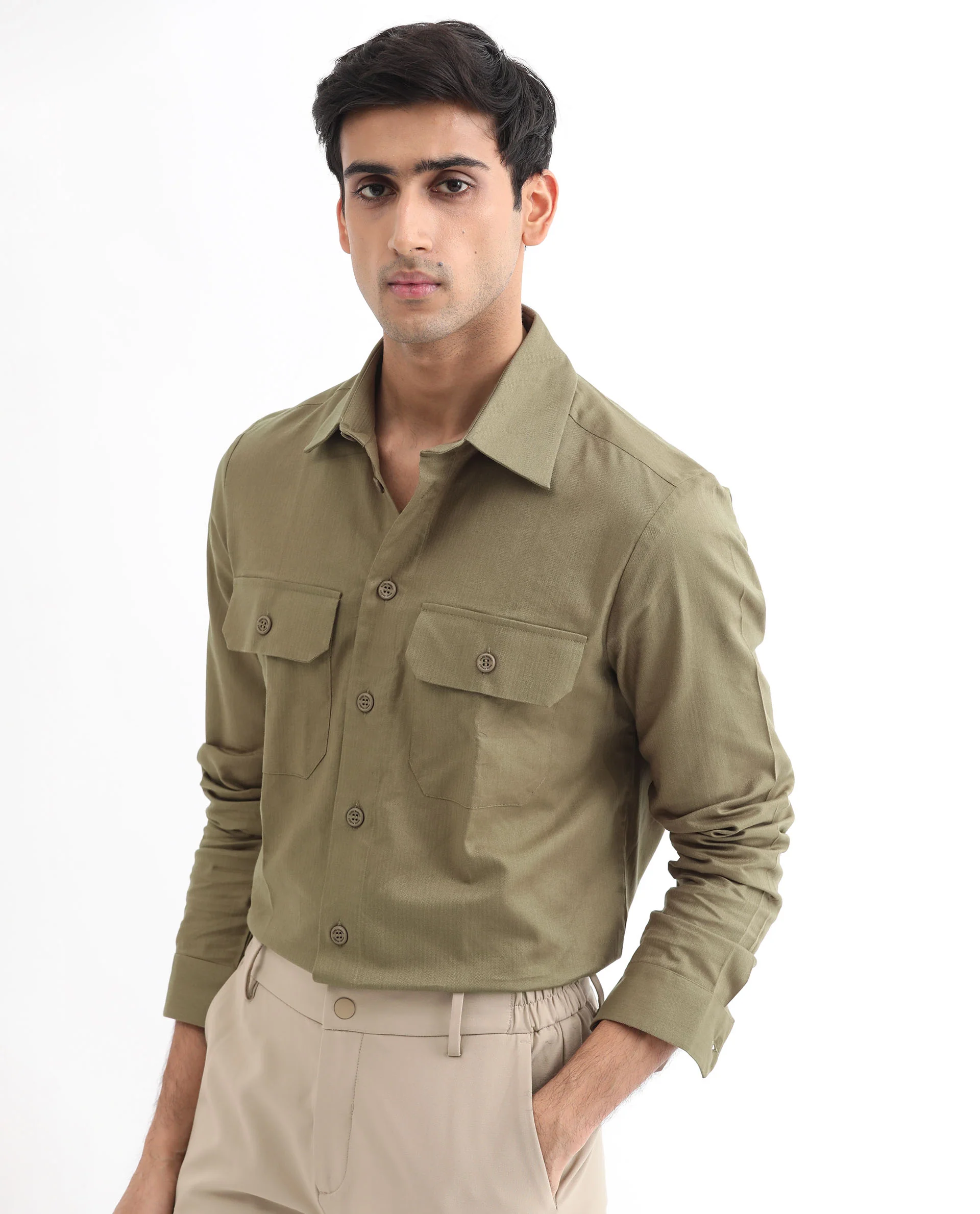 Rare Rabbit Men's Lampil Light Olive Cotton Plain Regular Fit Full Sleeve Collared Shirt - Image 3