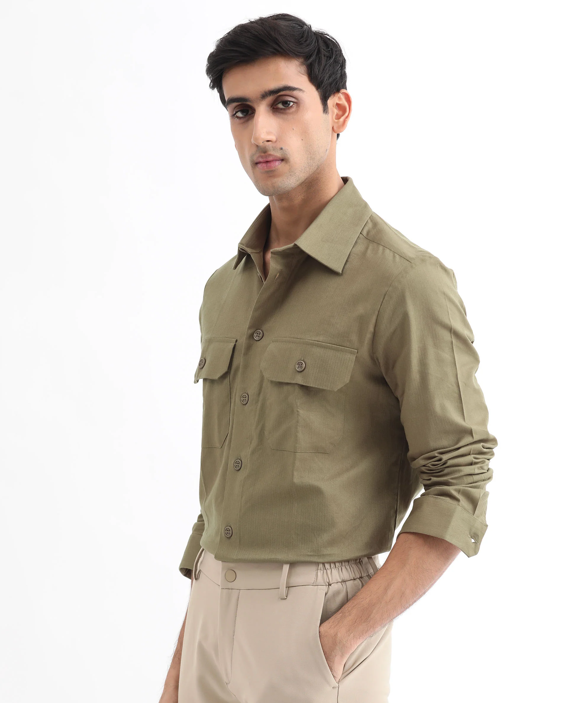 Rare Rabbit Men's Lampil Light Olive Cotton Plain Regular Fit Full Sleeve Collared Shirt - Image 5