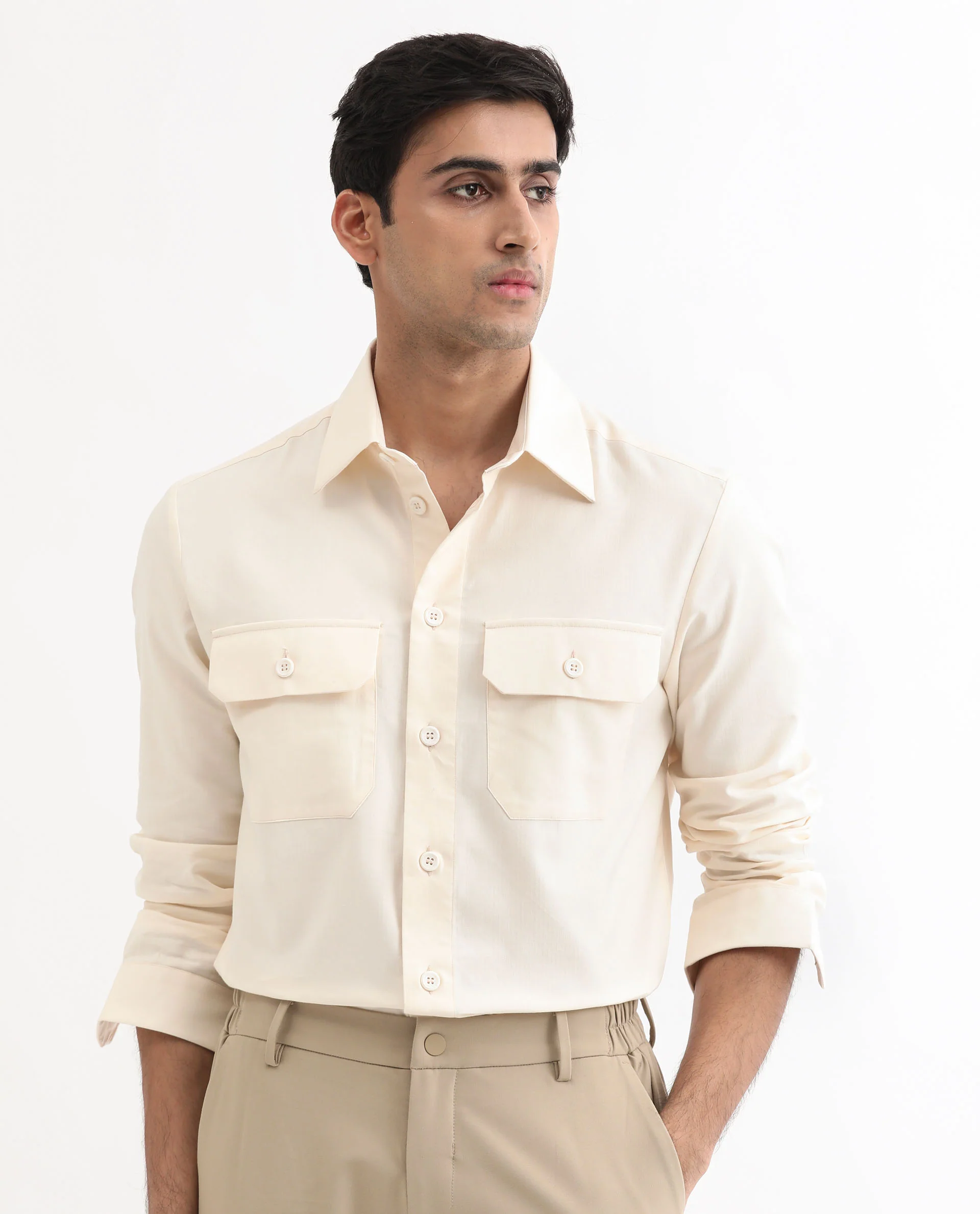Rare Rabbit Men's Lampil Off White Cotton Plain Regular Fit Full Sleeve Collared Shirt - Image 5