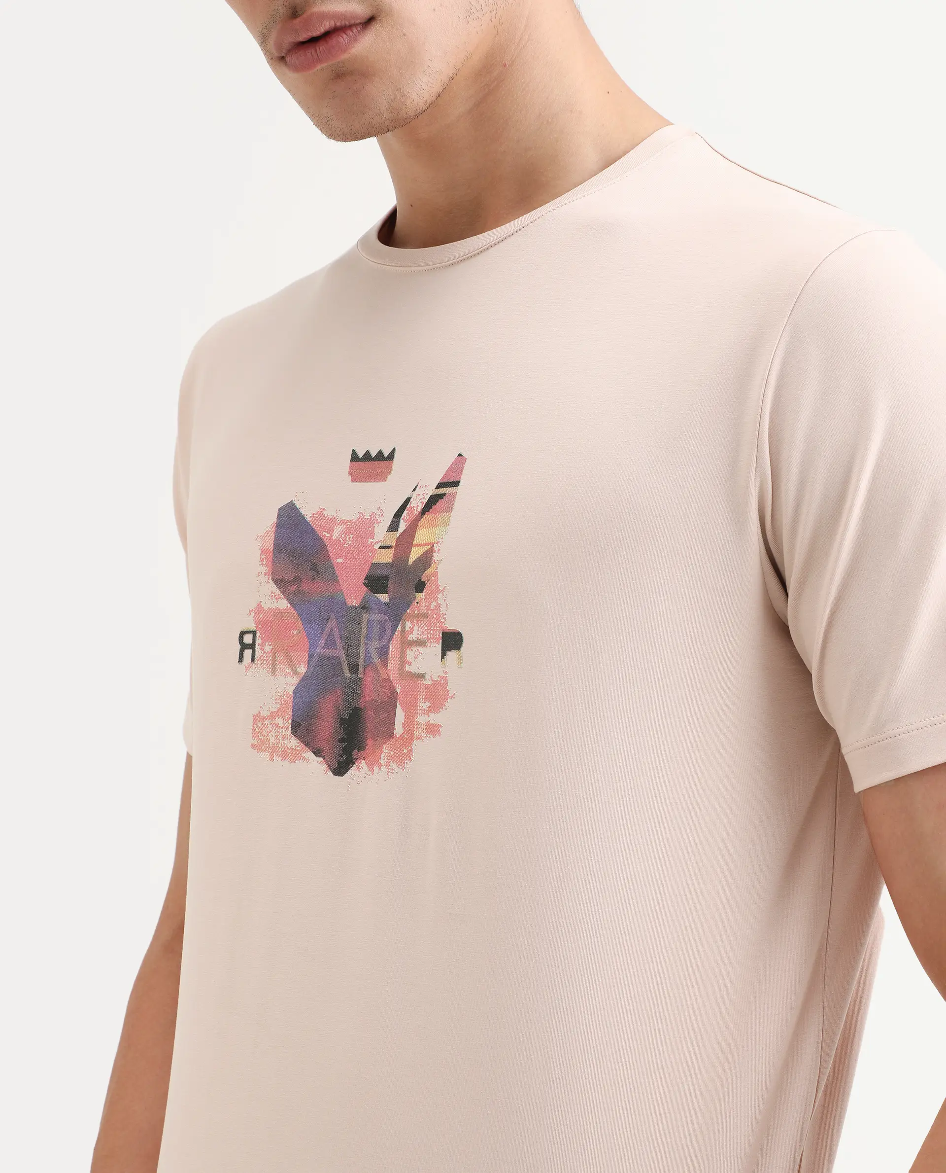 Rare Rabbit Men's Lan Pastel Orange Cotton Blend Fabric Half Sleeve Crew Neck Regular Fit Graphic Print T-Shirt - Image 3