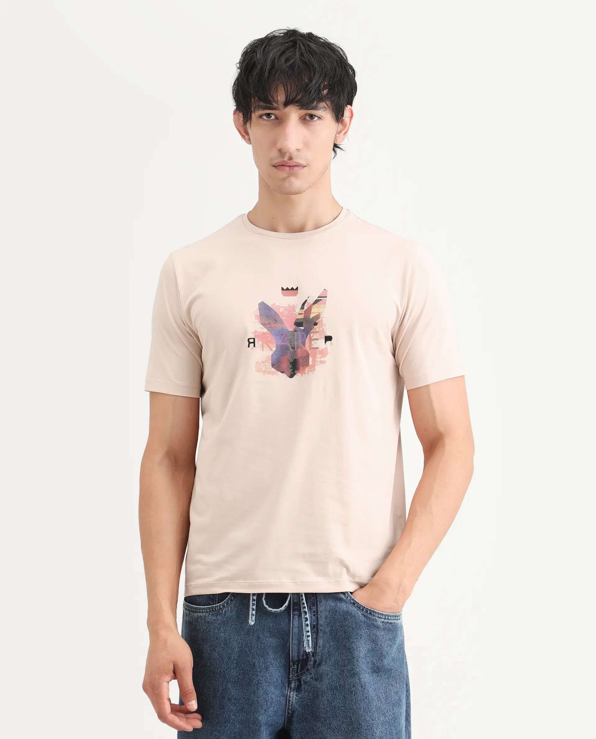 Rare Rabbit Men's Lan Pastel Orange Cotton Blend Fabric Half Sleeve Crew Neck Regular Fit Graphic Print T-Shirt - Image 4