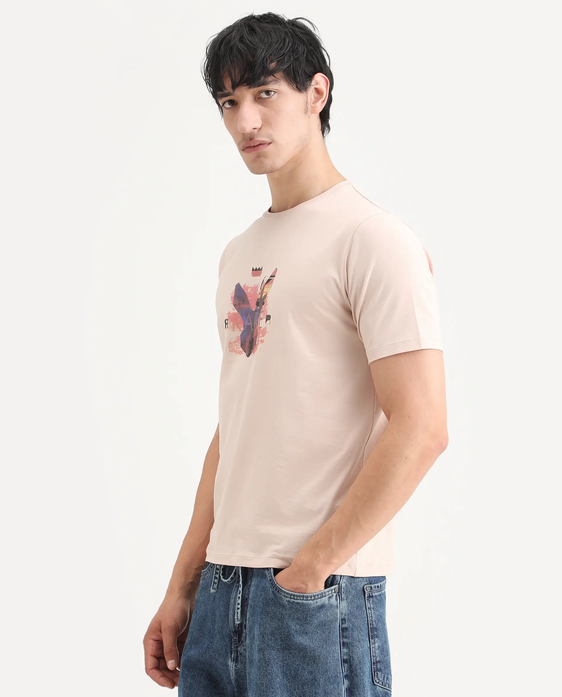 Rare Rabbit Men's Lan Pastel Orange Cotton Blend Fabric Half Sleeve Crew Neck Regular Fit Graphic Print T-Shirt - Image 5
