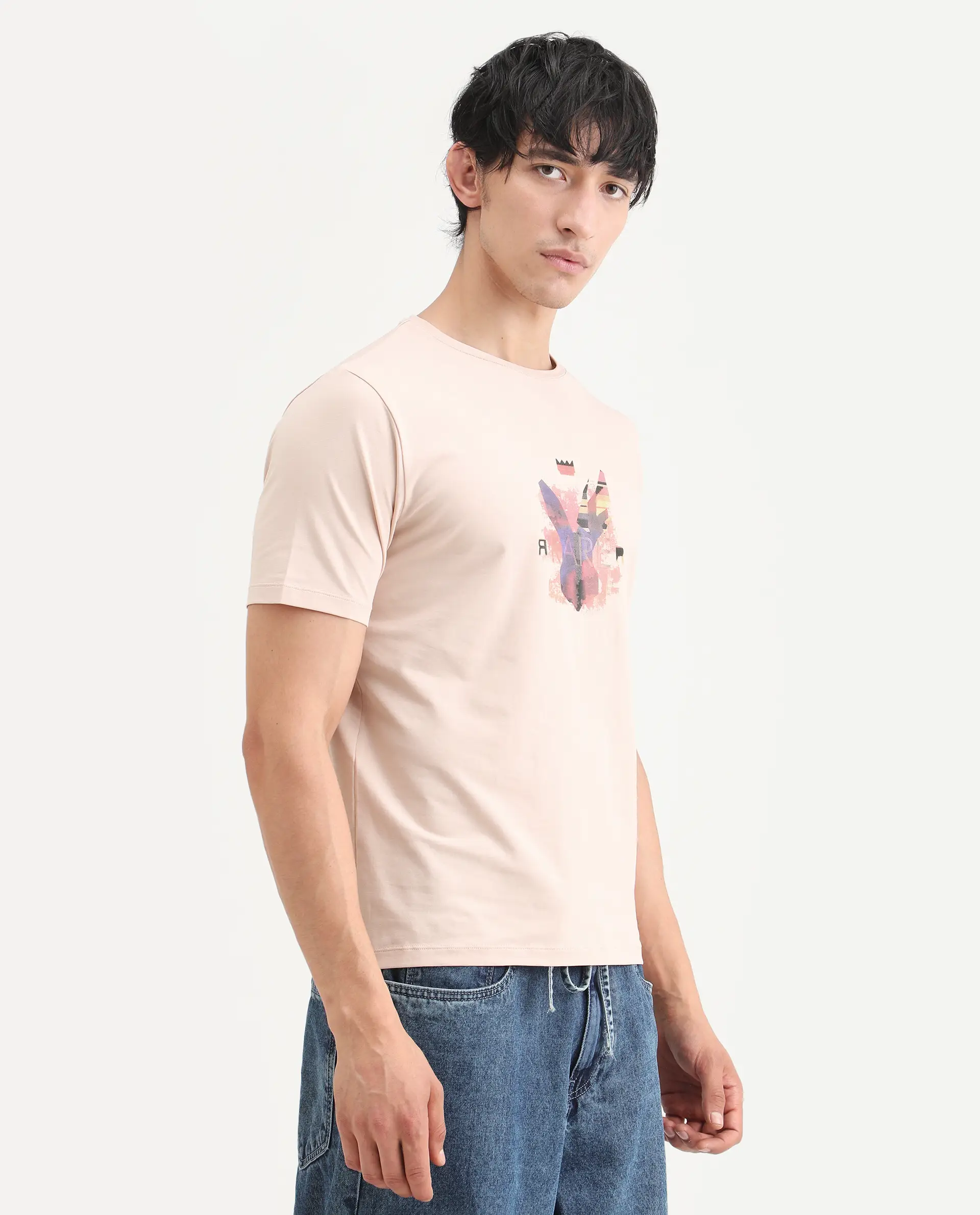 Rare Rabbit Men's Lan Pastel Orange Cotton Blend Fabric Half Sleeve Crew Neck Regular Fit Graphic Print T-Shirt - Image 7