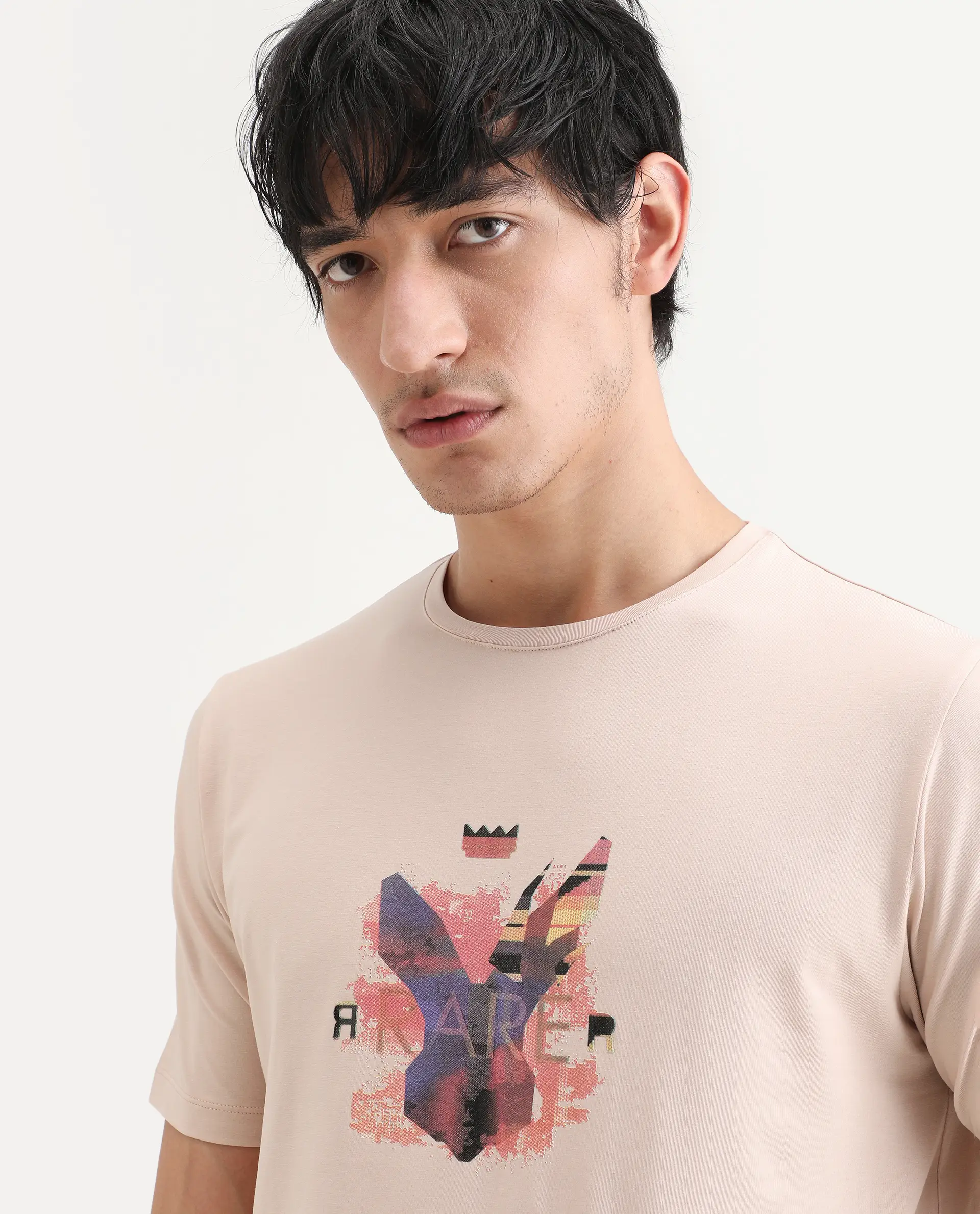 Rare Rabbit Men's Lan Pastel Orange Cotton Blend Fabric Half Sleeve Crew Neck Regular Fit Graphic Print T-Shirt - Image 8