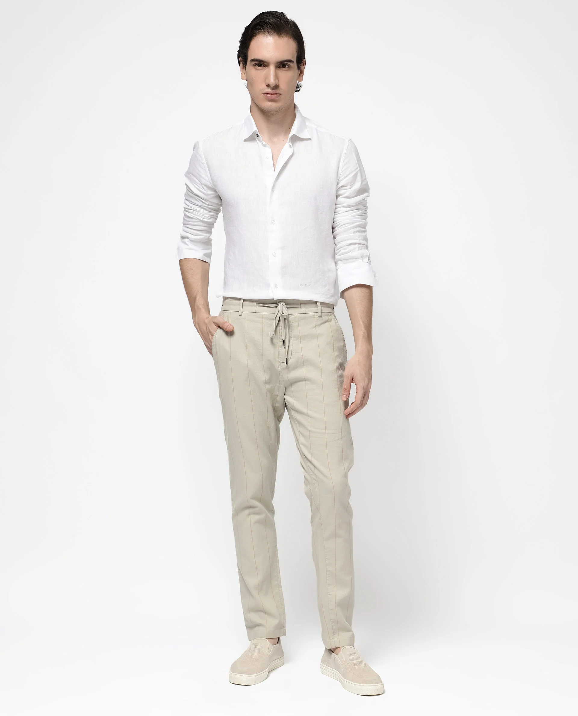 Rare Rabbit Men's Lanac Beige Cotton Striped Print Regular Fit Trouser - Image 2