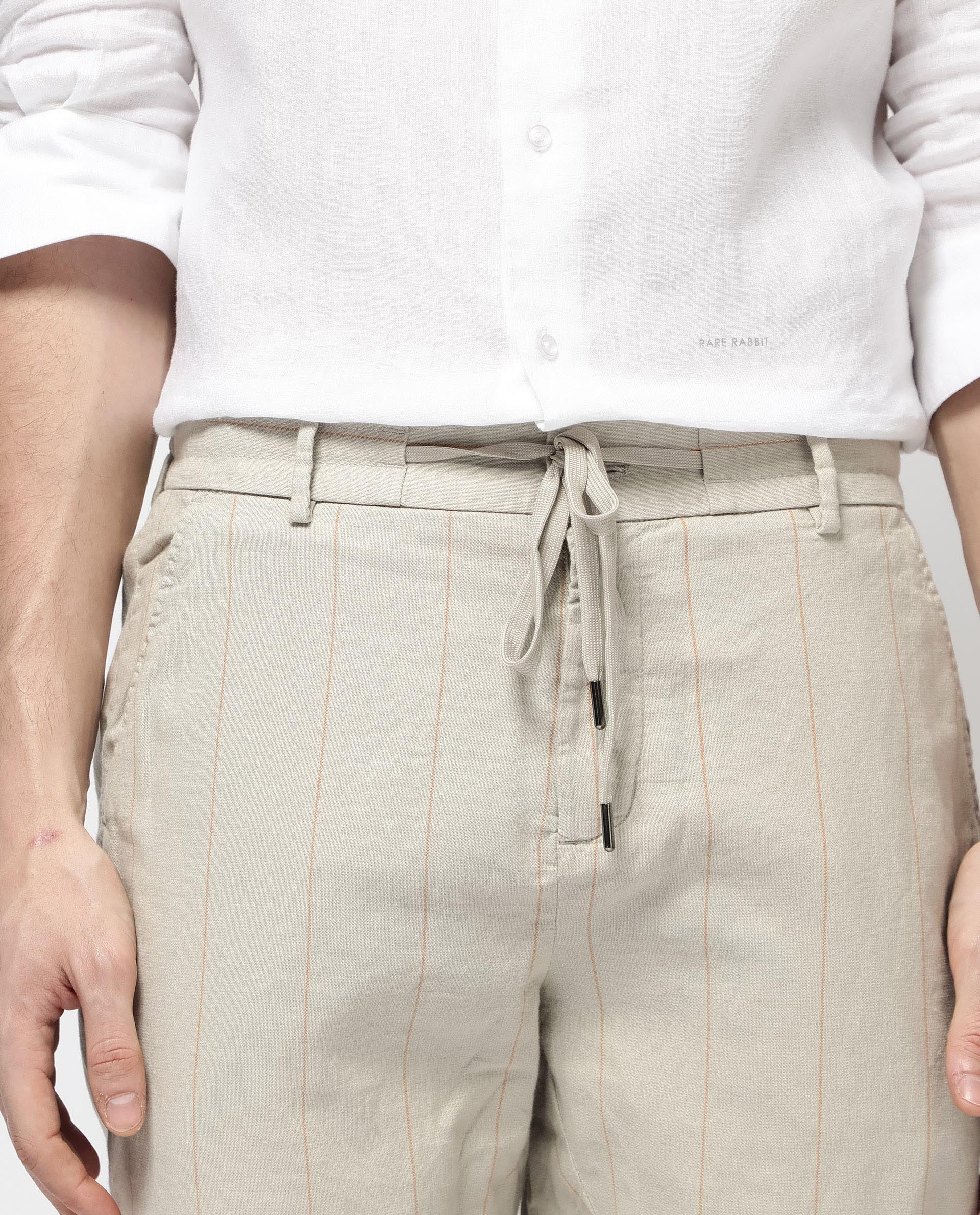 Rare Rabbit Men's Lanac Beige Cotton Striped Print Regular Fit Trouser - Image 3