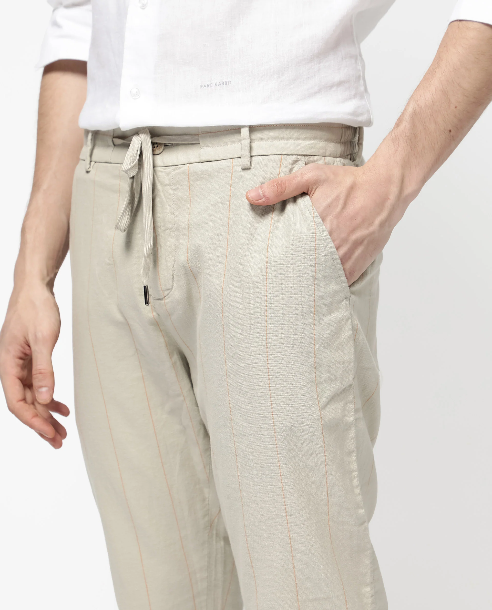 Rare Rabbit Men's Lanac Beige Cotton Striped Print Regular Fit Trouser - Image 5