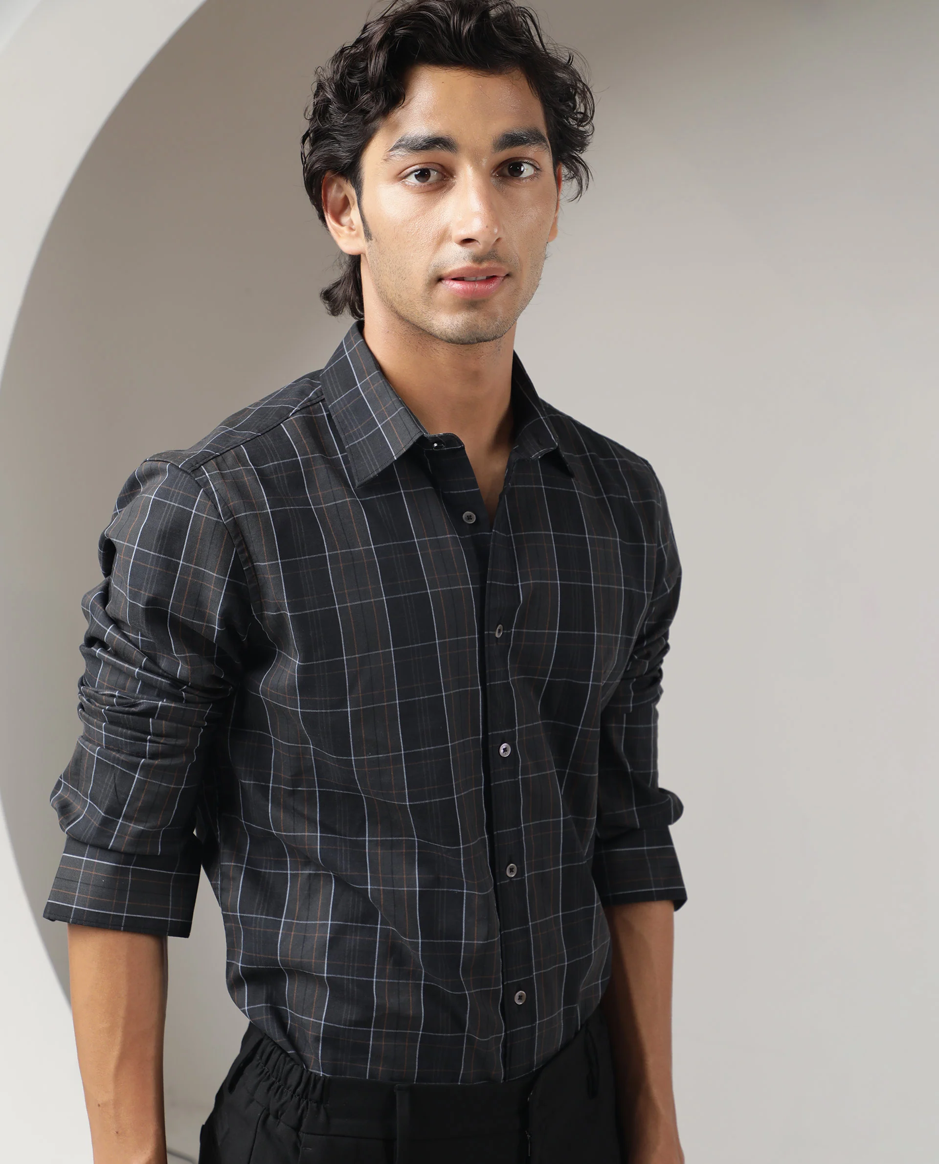 Rare Rabbit Men's Lancelot Grey Cotton Checked Print Regular Fit Full Sleeve Collared Shirt - Image 3