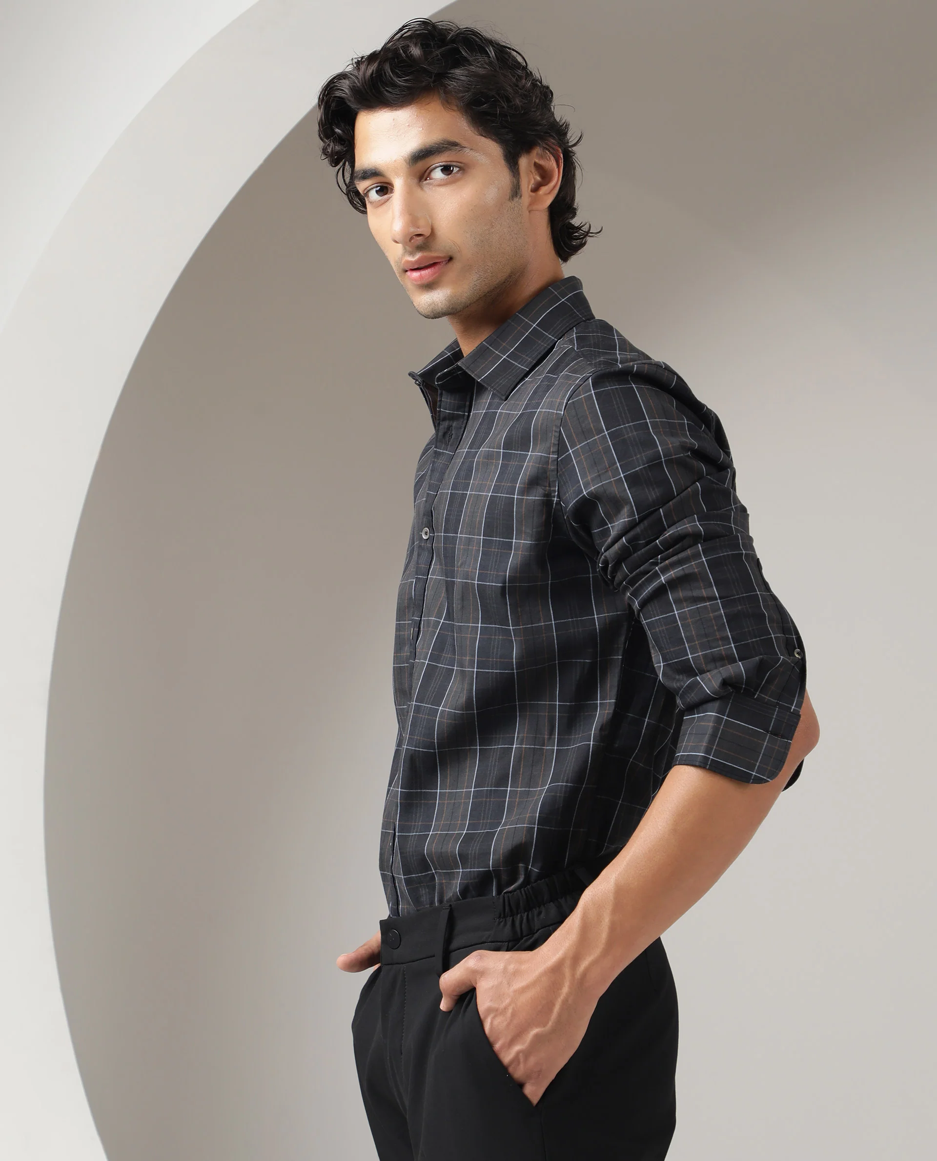 Rare Rabbit Men's Lancelot Grey Cotton Checked Print Regular Fit Full Sleeve Collared Shirt - Image 6